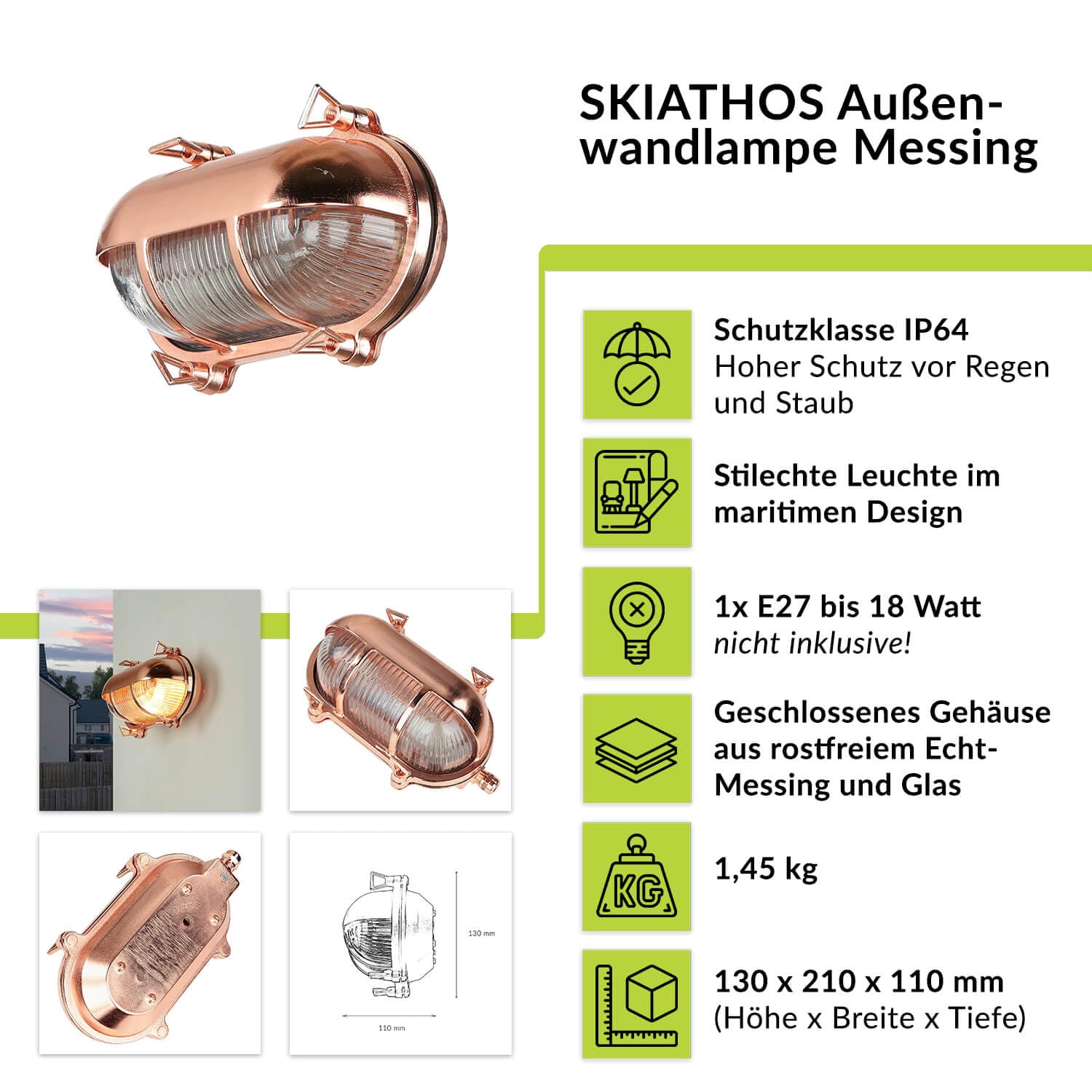 Licht-Erlebnisse Außenleuchte Wand Messing Glas in Kupfer IP64 Hof Hauseingang T:11 cm E27 Schiffslampe Maritim Outdoor Wandleuchte Garage SKIATHOS