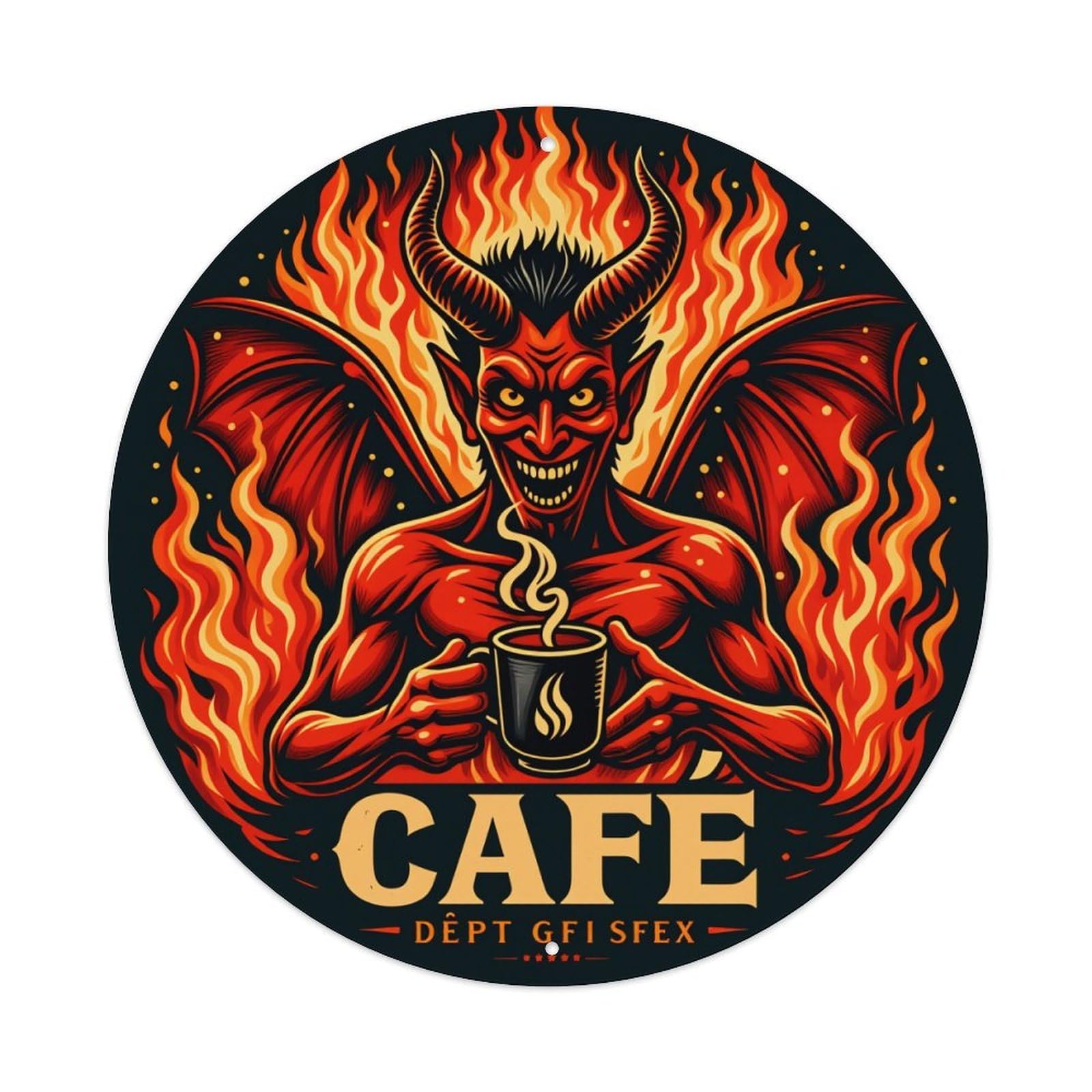 Demon Holding Coffee Cup With Flames Metal Tin Sign Vintage Garden Bedroom Cafe Bar Man Cave Home Wall Decor Metal Poster 8x8 inches