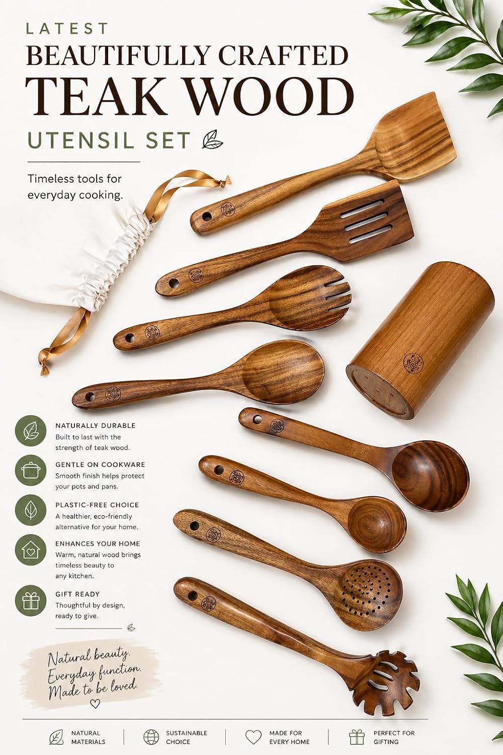 Wooden Cooking Utensils Set – Coki Home 9-Piece Teak Wood Kitchen Utensils with Holder, Nonstick Safe, Plastic-Free, Food-Safe Cooking Tools