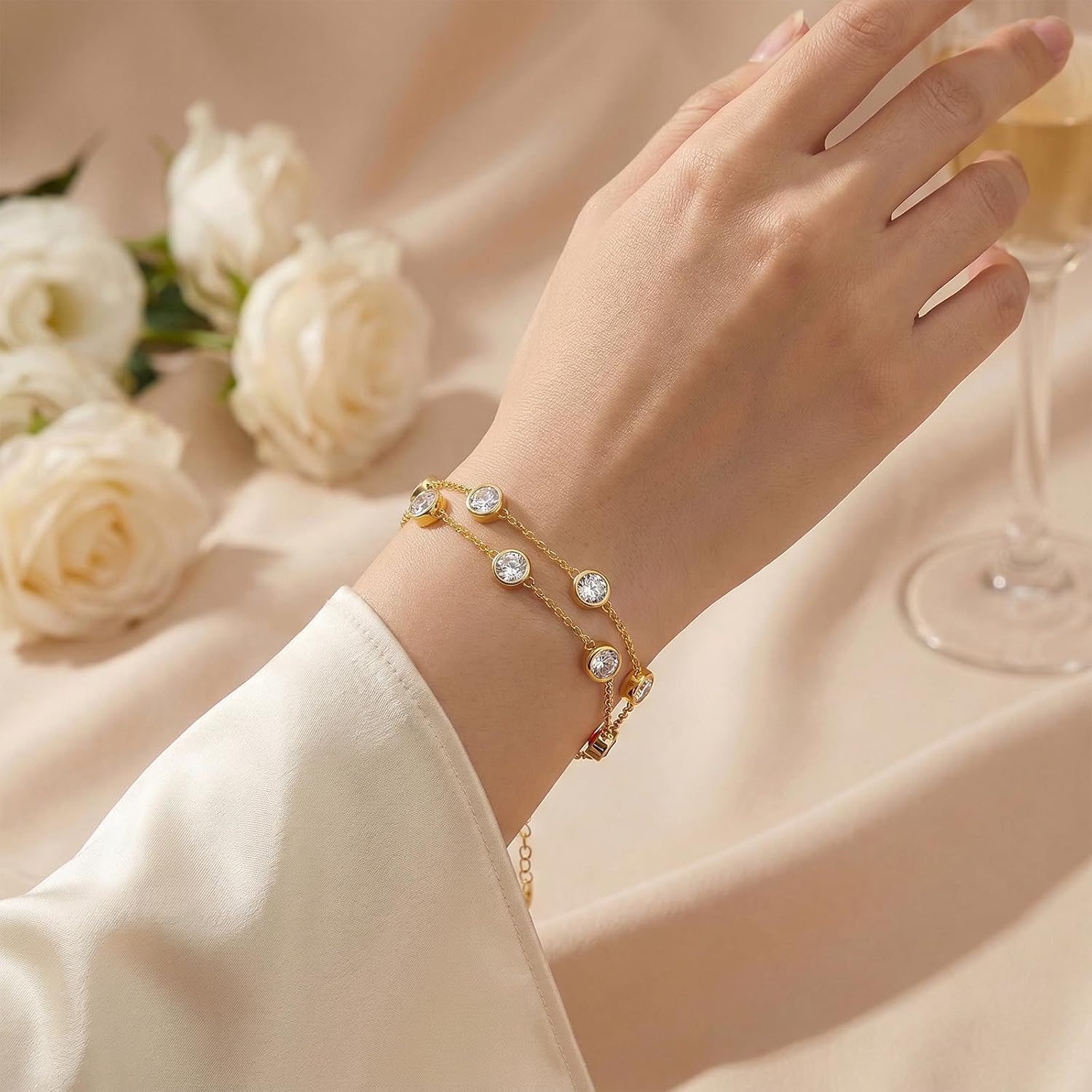 OJK Mothers Day Gifts 14K Gold Birthstone Bracelet for Women 14K Gold Round Layered Bracelets Anniversary Birthday Jewelry Gifts for Wife Mom Her