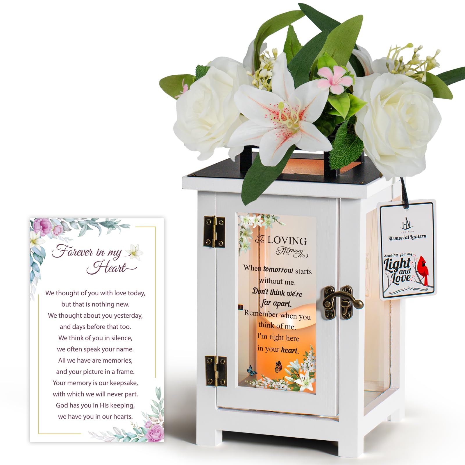 Farol conmemorativo con simpatía de lirio, rosas de pésame y duelo, idea de regalo para la pérdida de un ser querido, regalo conme