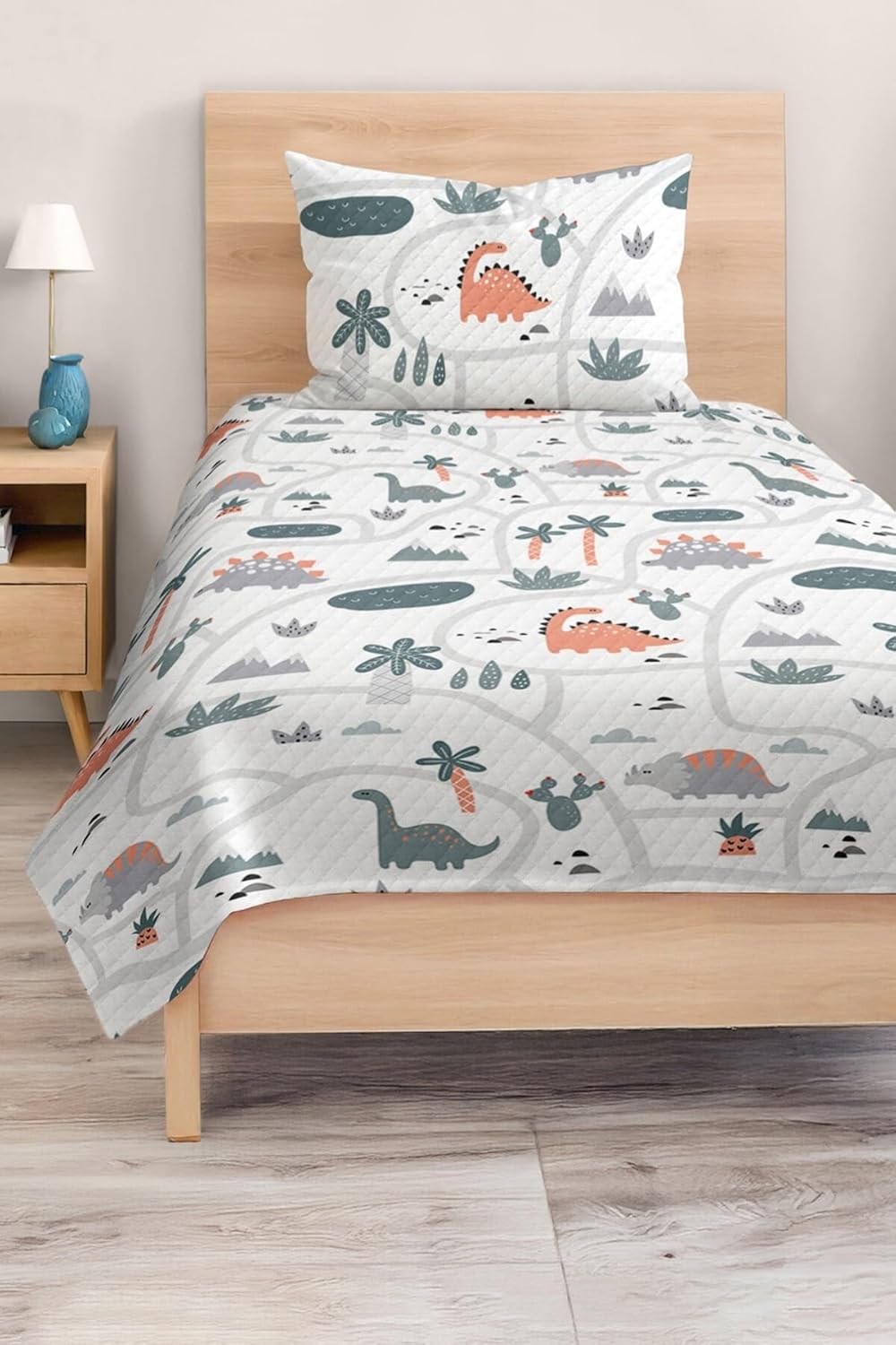 SODEF Bedding Set Twin Size Cute Dinosaur Pattern Pastel Green and Orange Quilt Set Cotton Polyester Blend for Kids, 2 Piece - Multicolor, One Size
