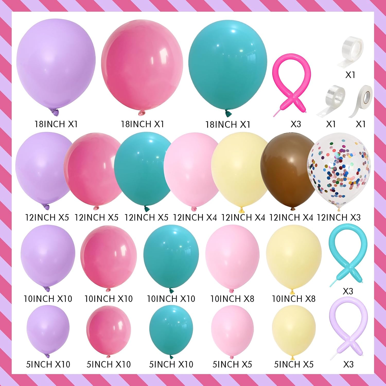 Rainbow Colorful Balloons Arch for Candy Sweet One Two Donut Grow Up Ice Cream Birthday Party Decorations Pastel Purple Pink Blue Yellow Brown Confetti Latex Balloons Garland with Long Balloon - Image 4