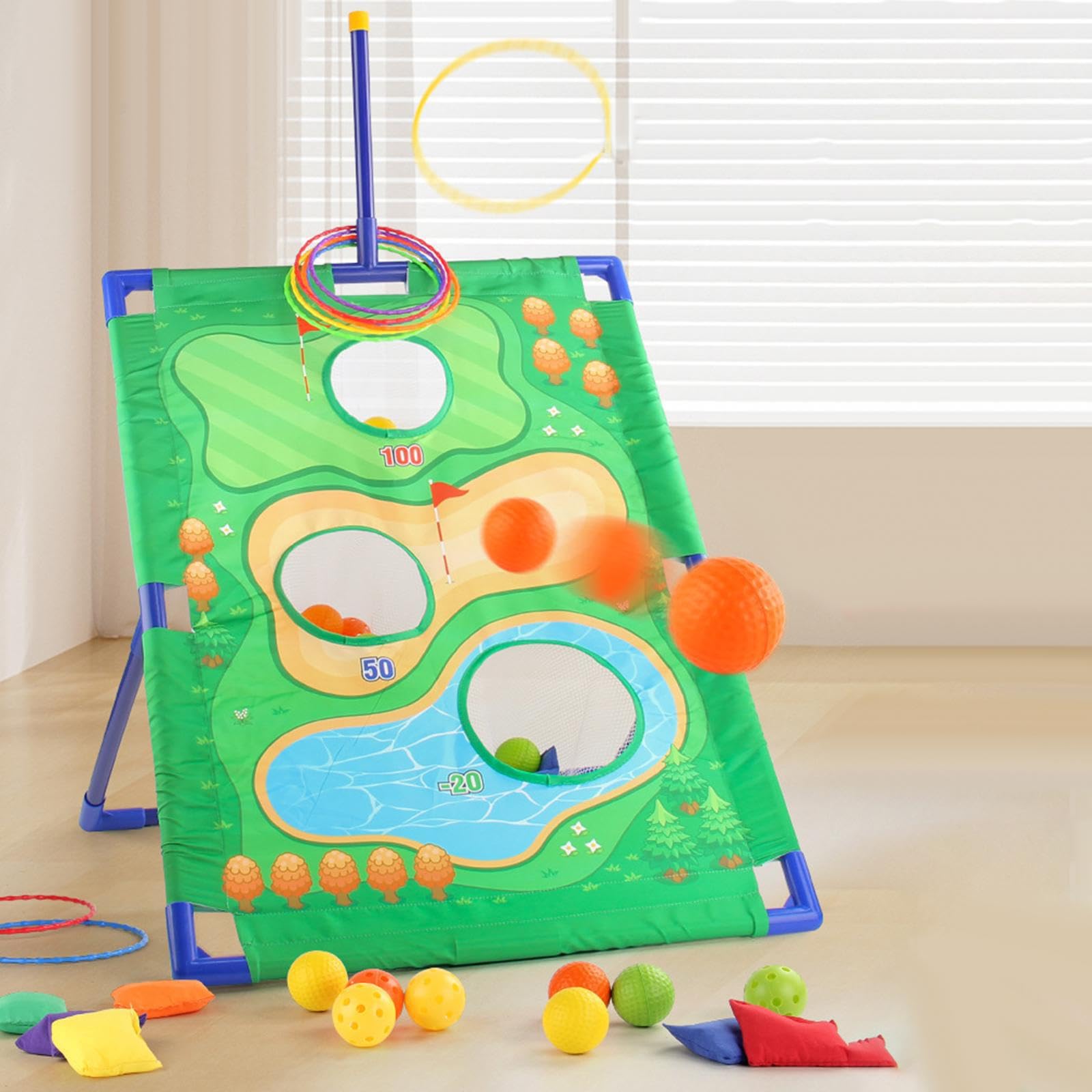 Caratteristiche essenziali del gioco con sacchi di sabbia | tabellone per il cornhole, 6 anelli da lancio e 12 palline per emozionanti sfide di gruppo, gioco con sacchi di sabbia,