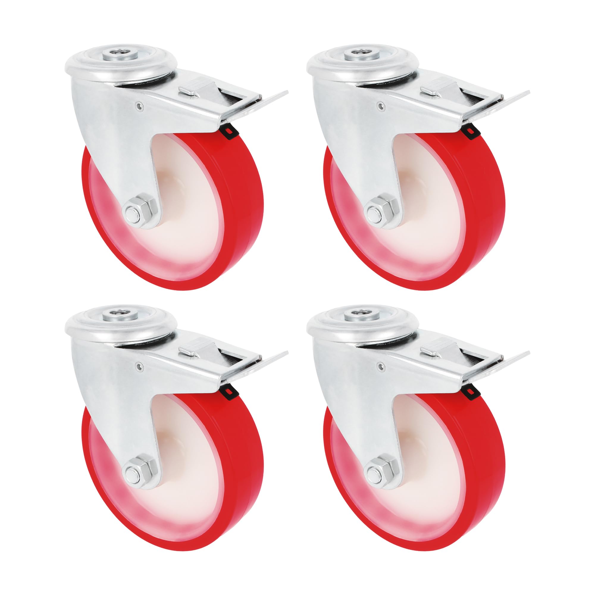 Amig - Set 4 Ruote con Freno | Ø 80 mm | Ruote Girevoli con Foro | Peso Massimo 100 Kg | Per Spostare Mobili Pesanti | Cuscinetti a Rulli | Nucleo in Nylon Bianco | Poliuretano Rosso