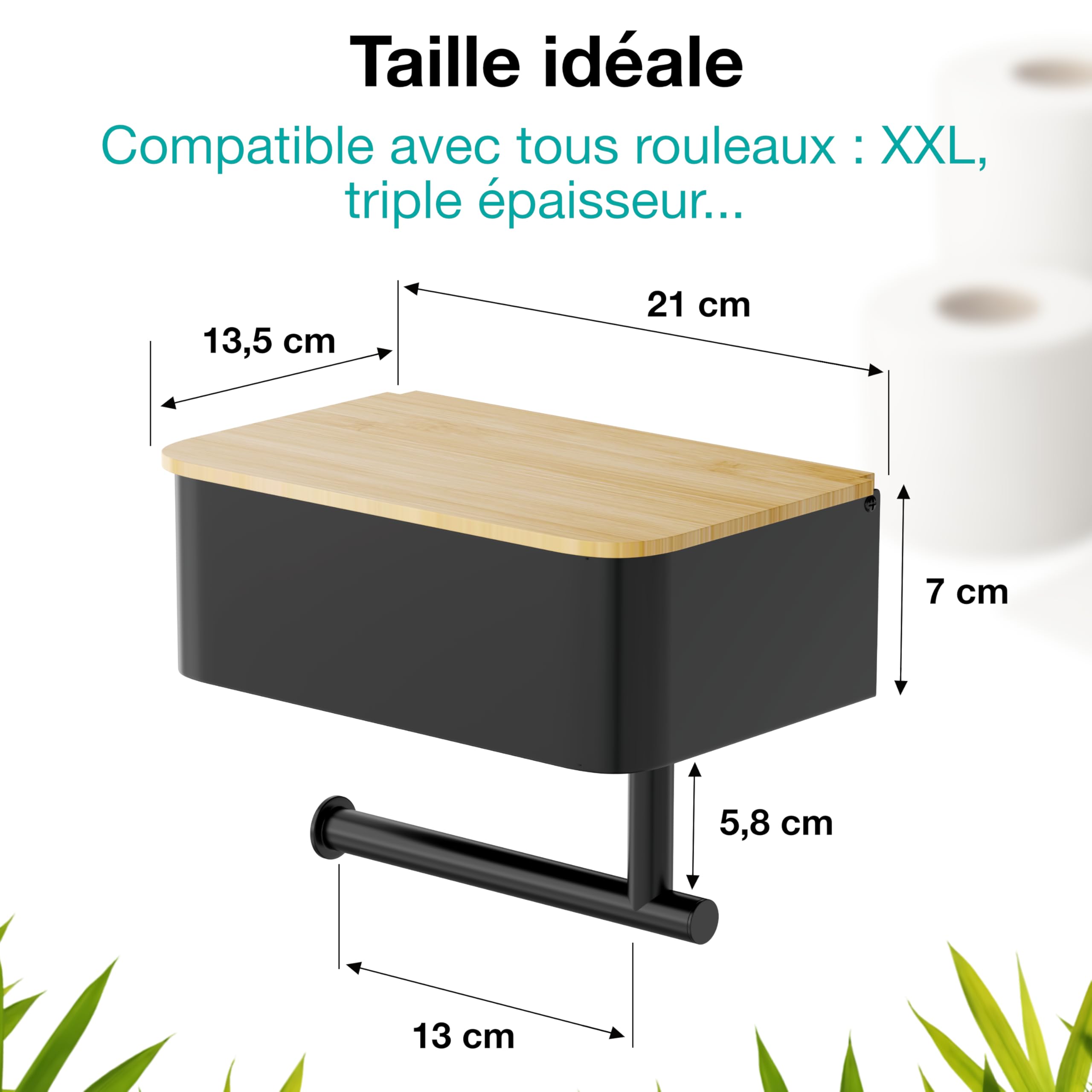Porte Papier Toilette Mural 2-en-1 - avec ou sans Perçage - avec Rangement & Support Téléphone - en Métal – Distributeur Rouleau PQ Décoration - Noir & Bambou - PPT121