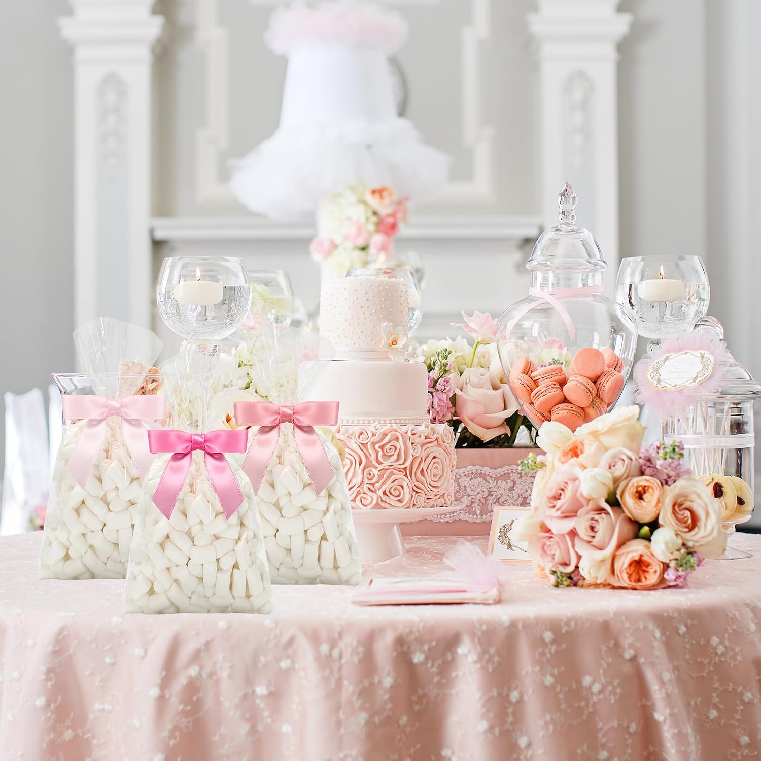 JarThenaAMCS 50Pcs Clear Cellophane Bags with Satin Pink Bow Twist Ties Coquette Plastic Treat Candy Goodie Bags for Wedding Home Party Sweet Snack Cookie Packing