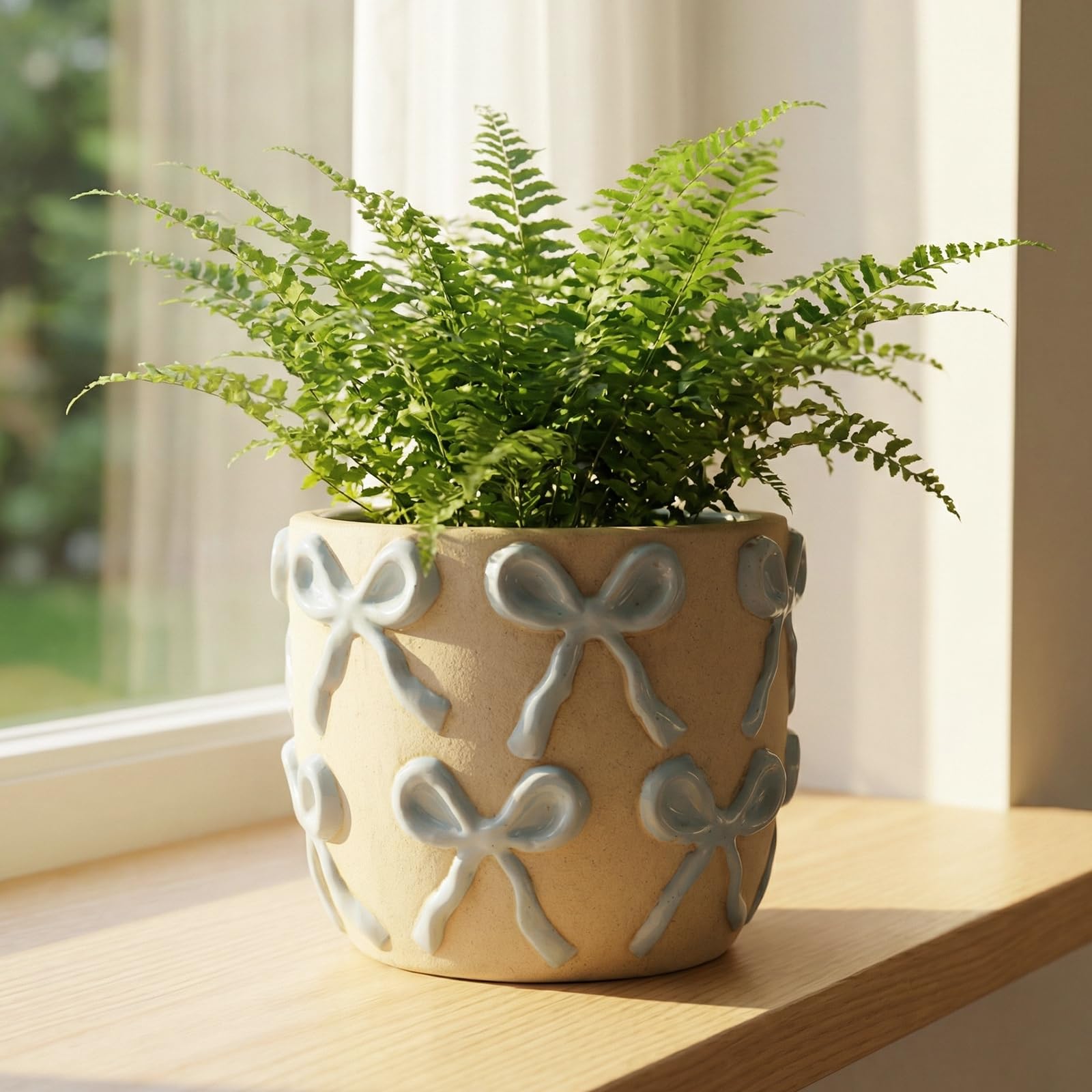 Yokiiimakiii Ceramic Flower Pots for Indoor and Outdoor Plants, Succulent Orchid Round Clay and Terracotta Planter for Garden Home Modern Decoration 5.3 Inch (Blue Bow, Without saucers)