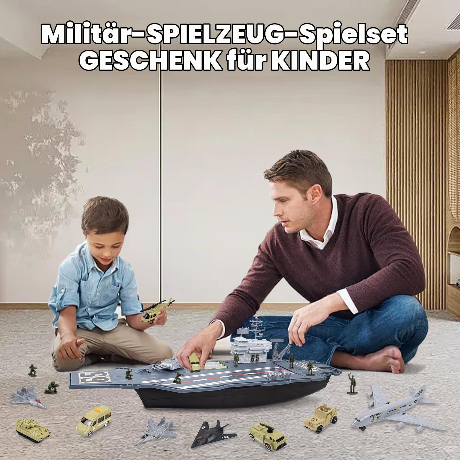RedCrab Flugzeugträger Spielset, Militär Schlachtschiff Modell Spielzeug mit Militar Auto, Militärflugzeuge, Hubschrauber Spielzeug Panzer und Armee Männer Actionfiguren für Kinder ab 3 Jahre