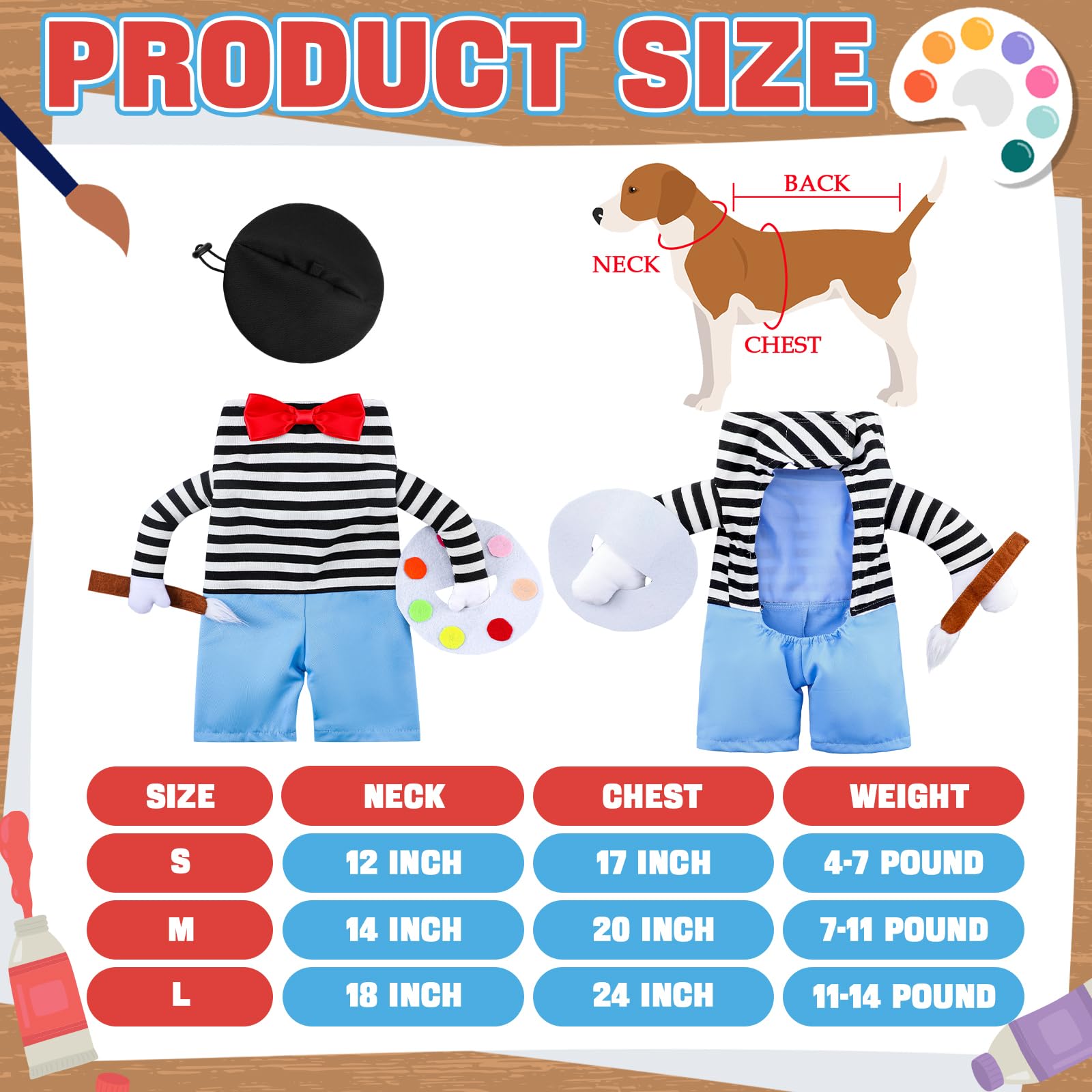 Dansydaisy Halloween Dog Costume Funny French Artist Dog Costume with Hat Painter Pet Clothes T-Shirt Jeans Beanie Beret Ties for Halloween Cosplay Brithday Party(M)