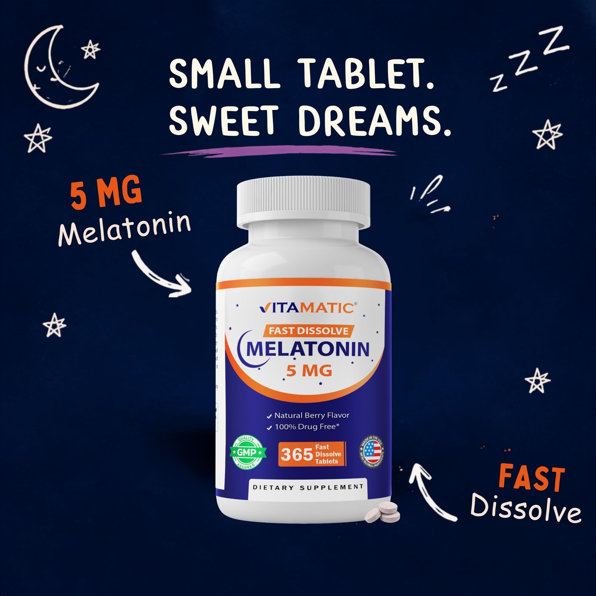 Vitamatic Melatonin 5 mg, Natural Berry Flavor, 365 Fast Dissolve Tablets — Amazon image 3