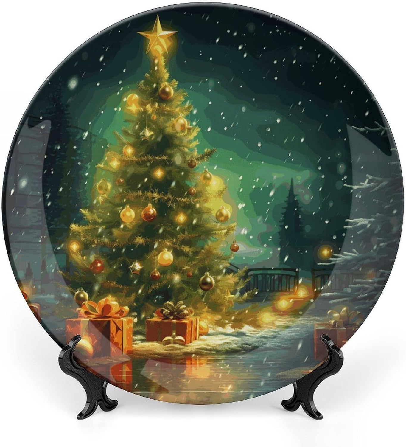 Christmas Trees Bone China Decorative Plate with Display Stand, Ceramic Ornaments Plate for Wall Hanging, Personalized Porcelain Plates for Office, Living Room 8inch