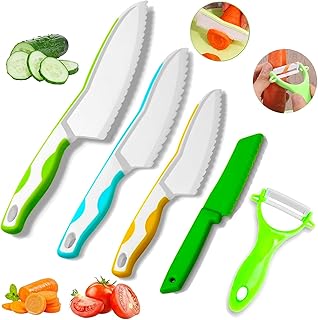 Couteau pour enfants 5 pièces Set de cuisine pour enfants pour couper et cuisiner des fruits ou des légumes pour les tout-petits, y compris un éplucheur couteau de sécurité à partir de 2 ans coffrets