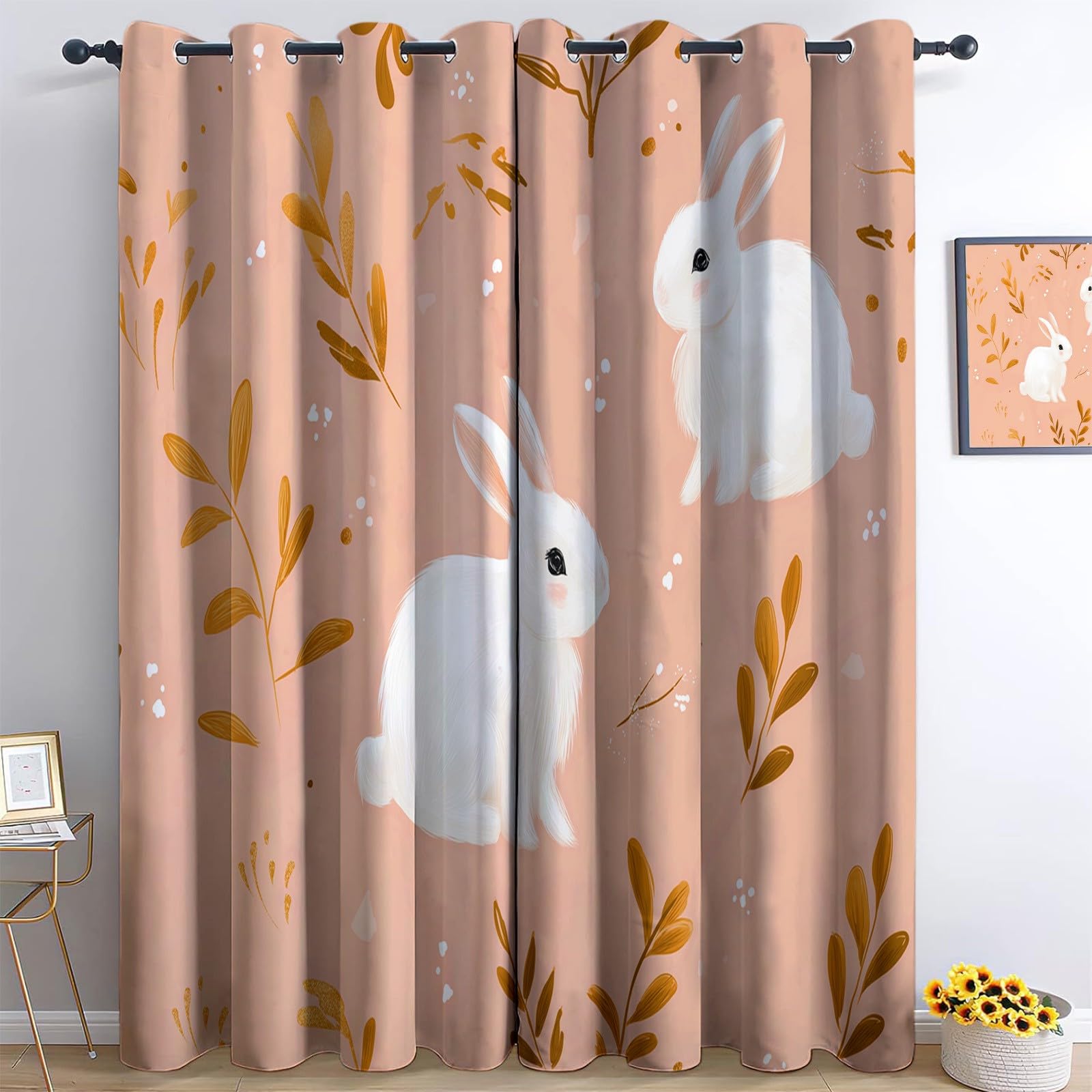 Blackout Curtains Bedroom 29.5” W x 65” L (2 Panels), Cartoon Animal Rabbit Leaves Thermal Insulated Curtains, for Kids Room Living Room Drapes – Orange Thermal Light Blocking Curtain Grommet Top