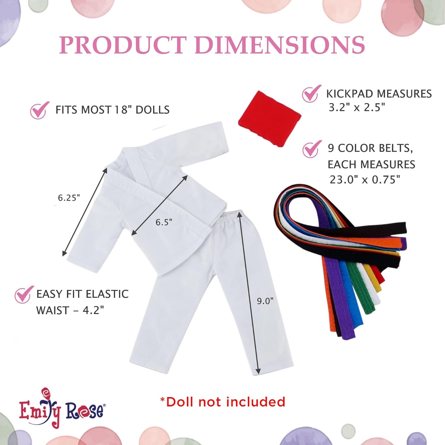 Emily Rose 18 Inch Doll Karate Outfit – 11 Pc Martial Arts Taekwondo Doll Clothes & Accessories Set with 9 Ranking Belts, Gi Uniform, Kick Pad, Gift Boxed from Trusted USA Brand (No Doll)