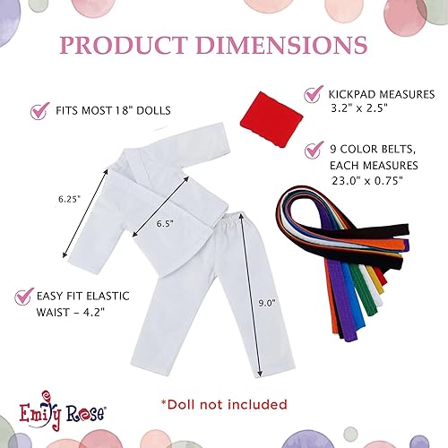 Miniatura 3 de Emily Rose Ropa de muñeca de 18 pulgadas, juego de regalo de artes marciales de Karate Taekwondo, incluye 9 accesorios de cinturones de colores y