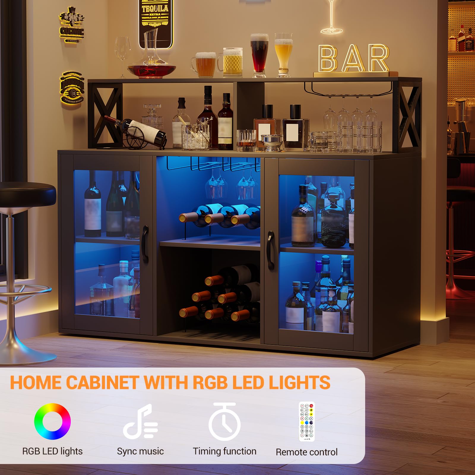 Garvee Mobile Bar Industriale 2-in-1 con Luci LED e Prese, Buffet con Portabottiglie, Portabicchieri, Ripiani Aperti, per Cucina, Sala da Pranzo, Soggiorno, Nero