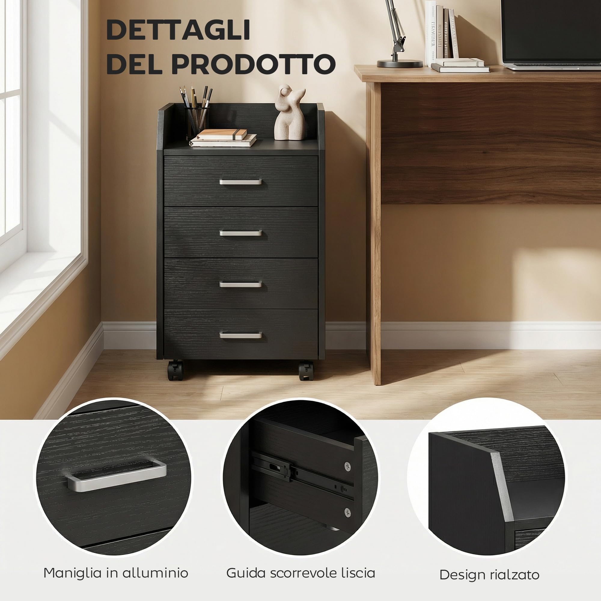 Vinsetto Schedario da Ufficio con 4 Cassetti, Ruote a Freno, Cassettiera Scrivania per Lettera Documenti, Ripiano, Cassettiera Ufficio per Studio Sotto Scrivania, 40x36x65 cm, Effetto Legno Nero