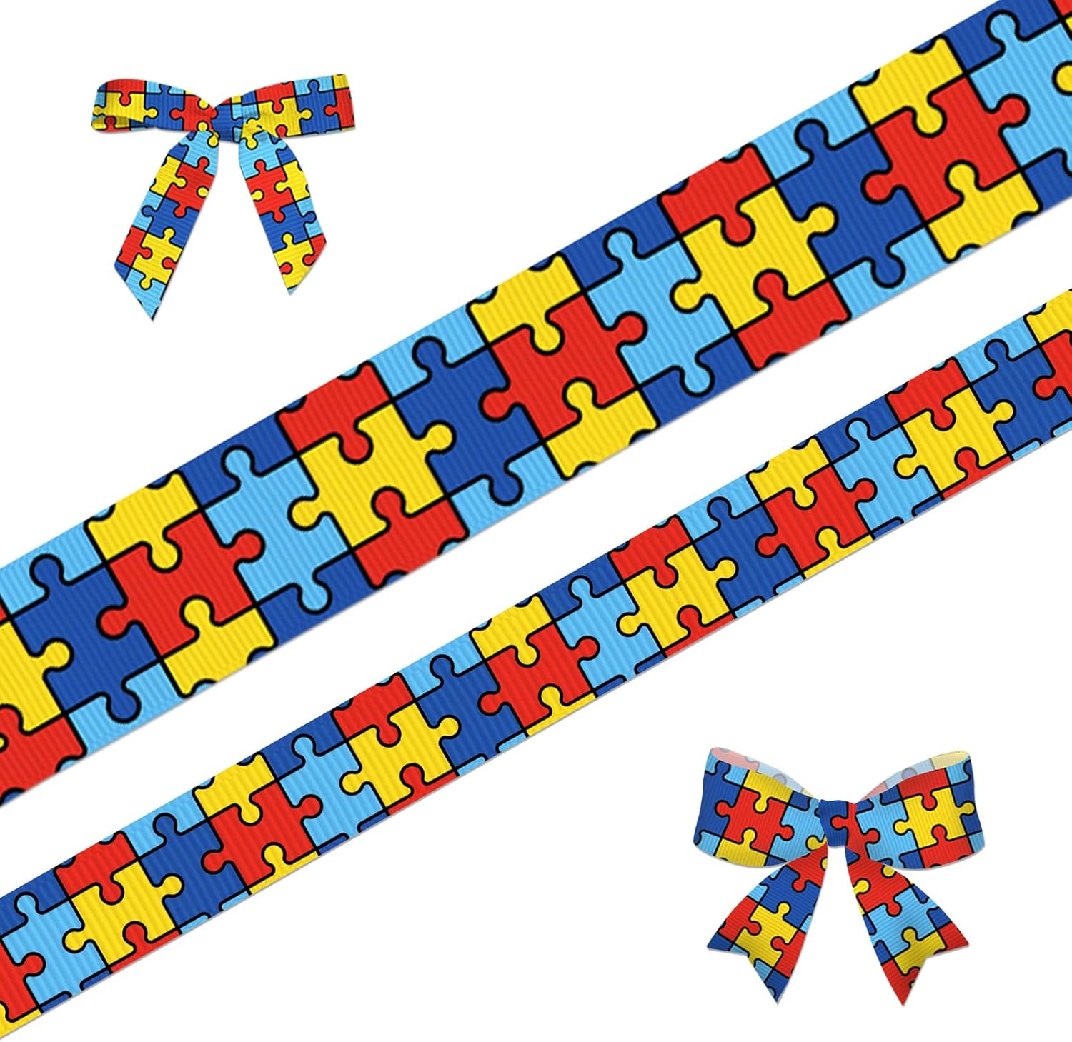 2 Rolls Autism Awareness Ribbon for Wrapping Gifts, Puzzle Pieces Ribbons for Gift Wrapping Autism Awareness Charity Party Decorations DIY 3/8" 3/4" X 10 Yd Calm Anxiety Sensory Ribbon
