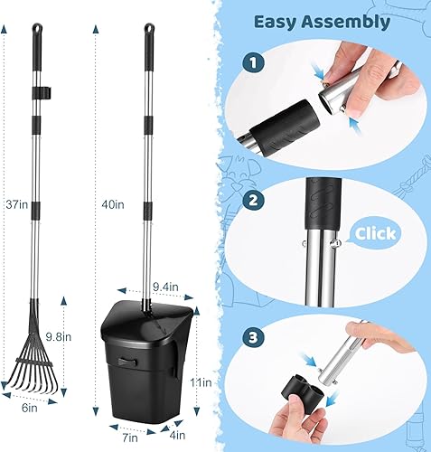 Miniatura 6 de Odoland Contenedor giratorio grande y rastrillo y pala con mango largo ajustable, para perros pequeños a grandes en patio, hierba, tierra o grava,