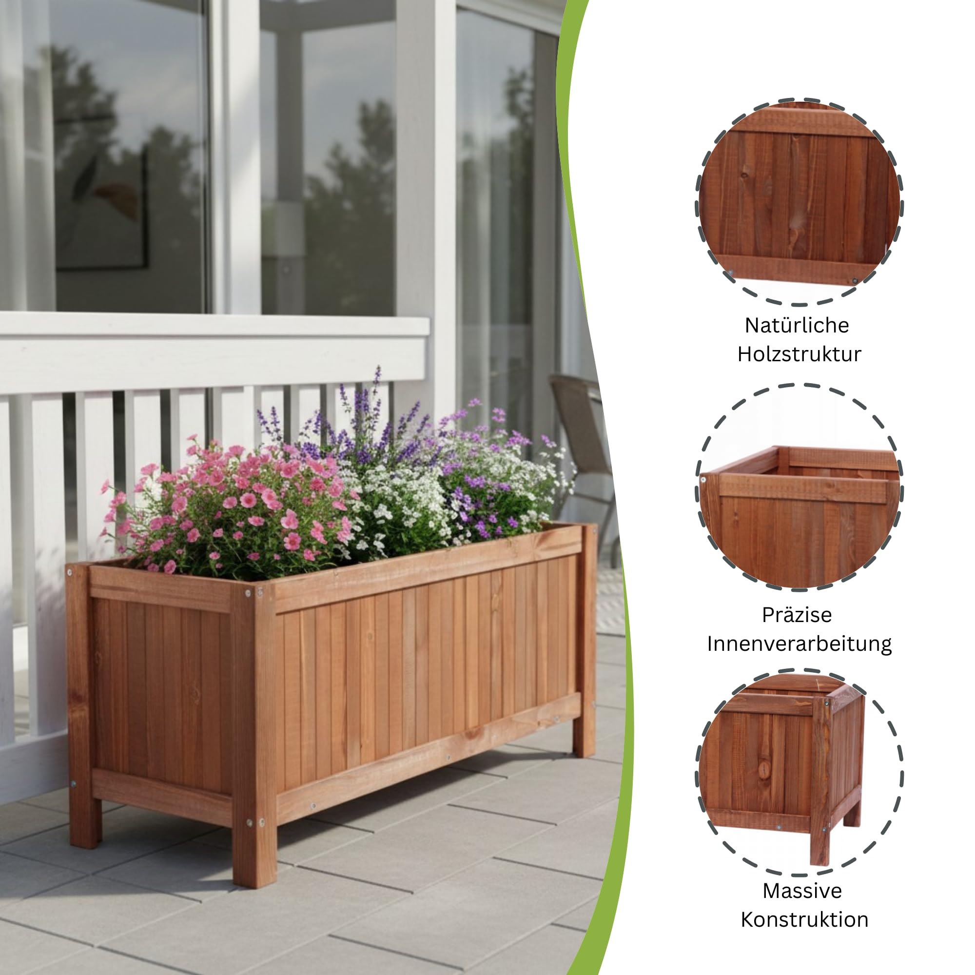Pflanzkübel Groß Außen Holz – Wetterfester Blumenkasten 80x40x37cm aus FSC-Kiefernholz mit Füßen; Imprägnierter Blumentopf für Balkon & Garten, Braun