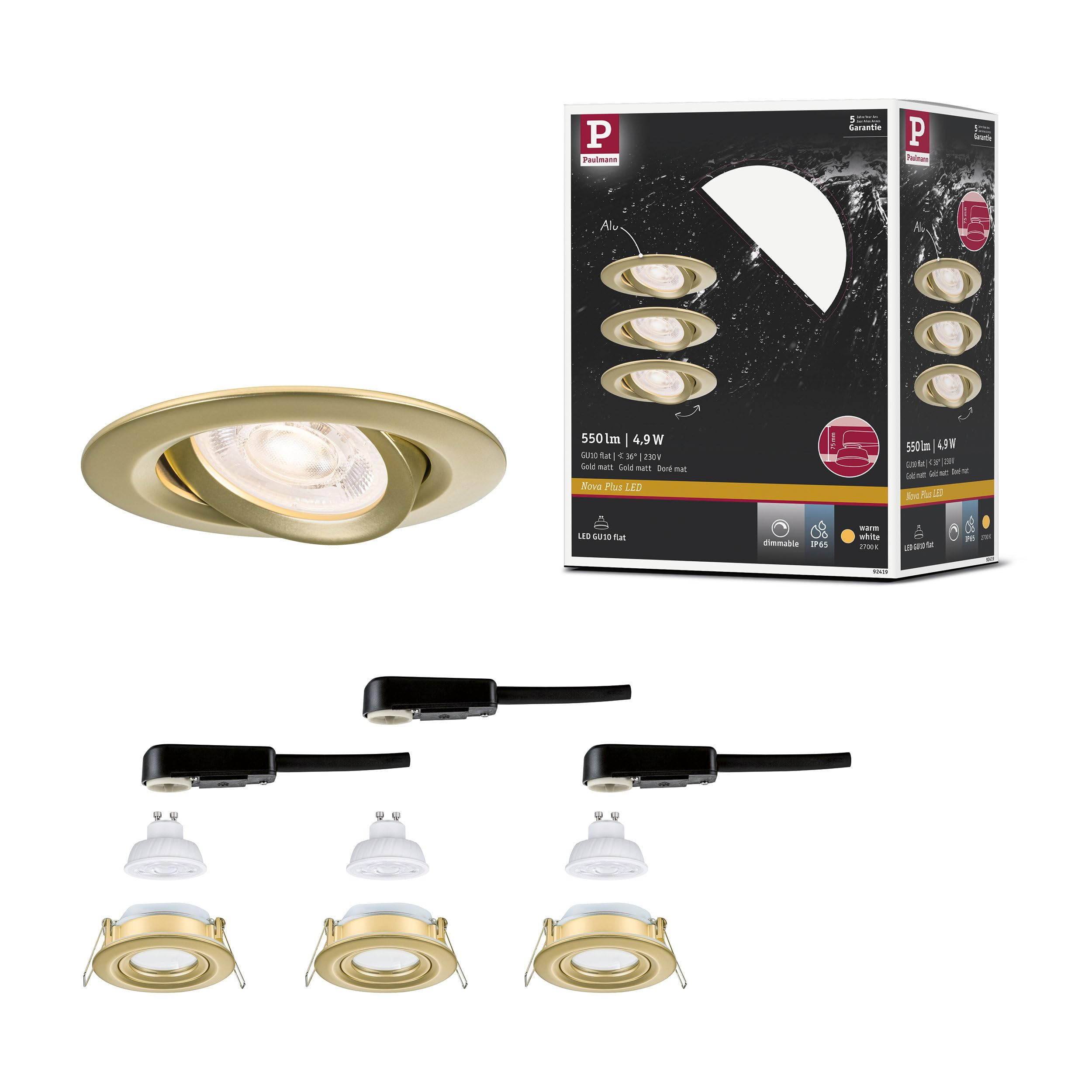 Paulmann Nova Plus GU10 Flat IP65 LED Spots encastrés 3x4,9W 3x550lm 230V dimmable 2700K doré mat