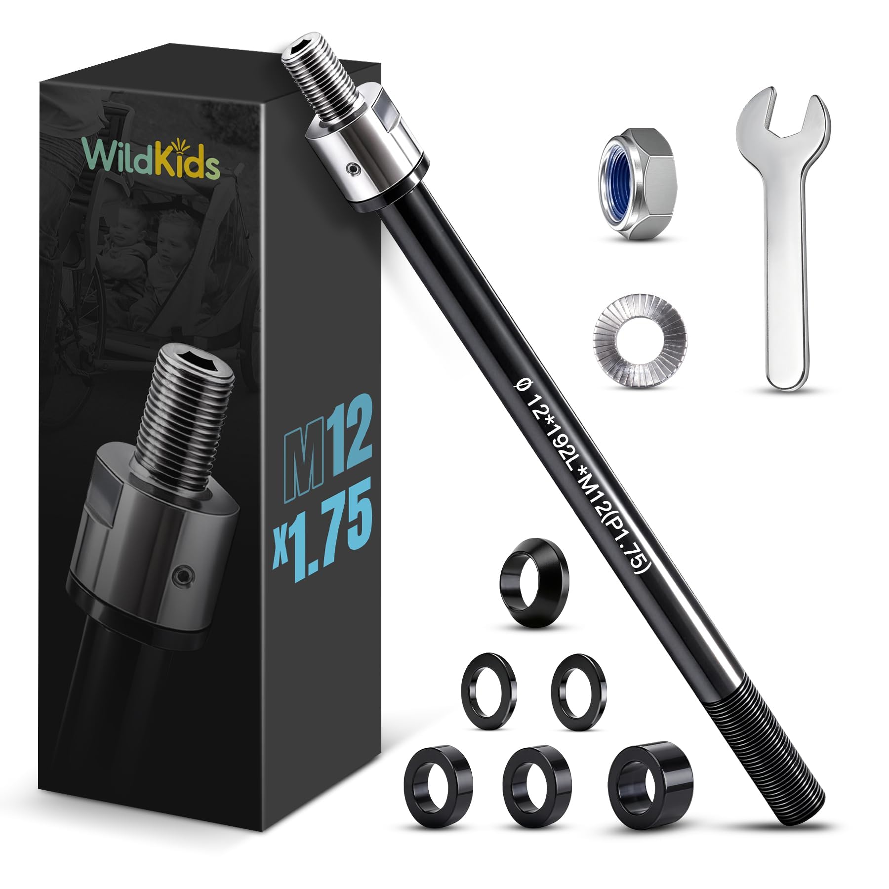 WildKids Steckachse für Fahrradanhänger M12 167-192 mm Steckachse, Einstellbare Schaftlänge, Steckachse kompatibel für Thule,Qeridoo,Croozer Fahrradanhängerkupplungen - Mit Anti-Rutsch-Muttern