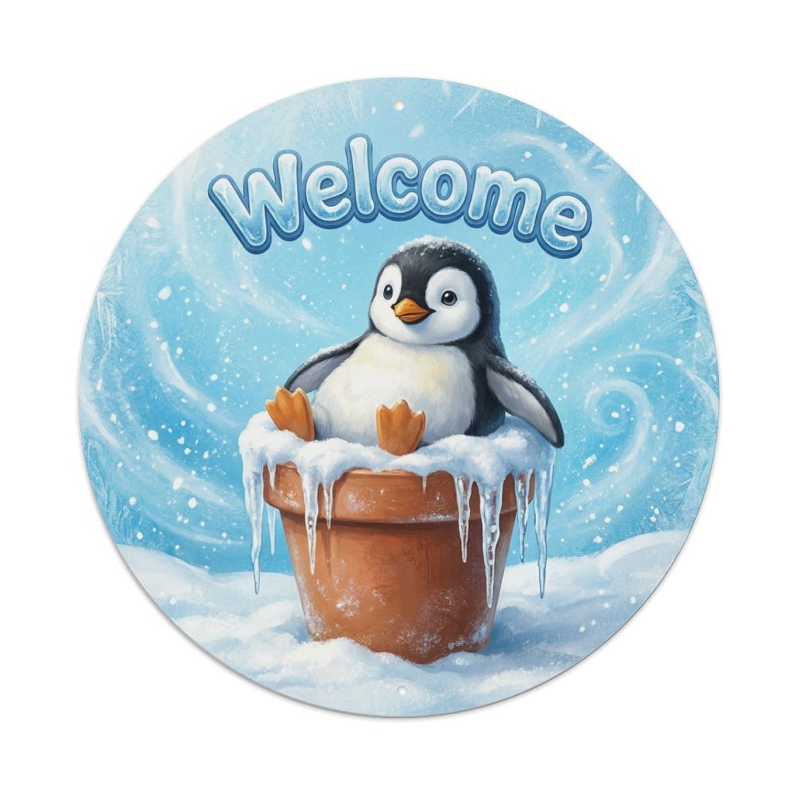 Welcome Penguin Icicle Branch Metal Tin Sign