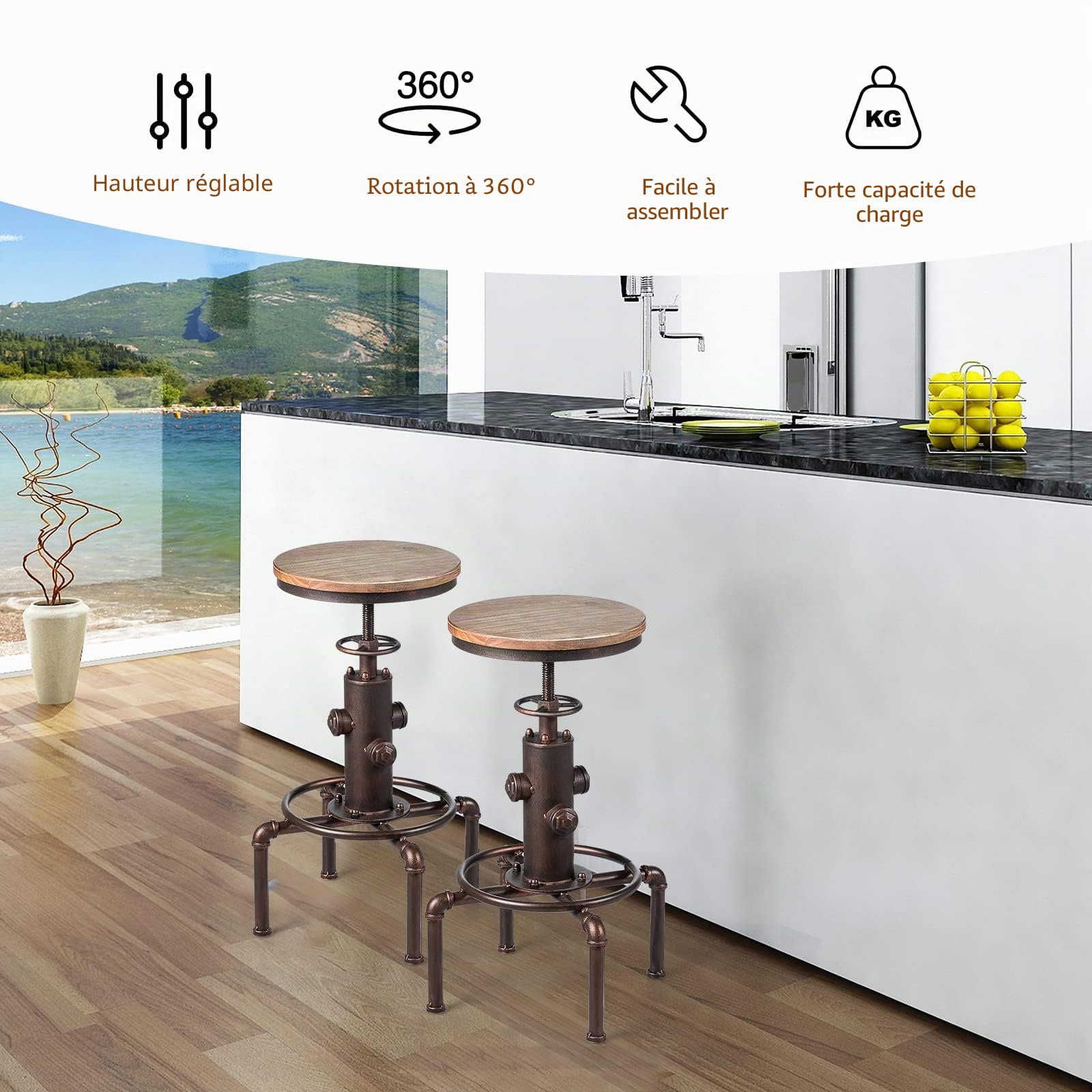LIFEZEAL Tabouret de Bar Industriel Réglable en Hauteur | Chaise Haute Pivotante 360° avec Repose-Pieds, Siège en Pin 33x33CM, Structure en Fer, Charge 150 KG, Bronze