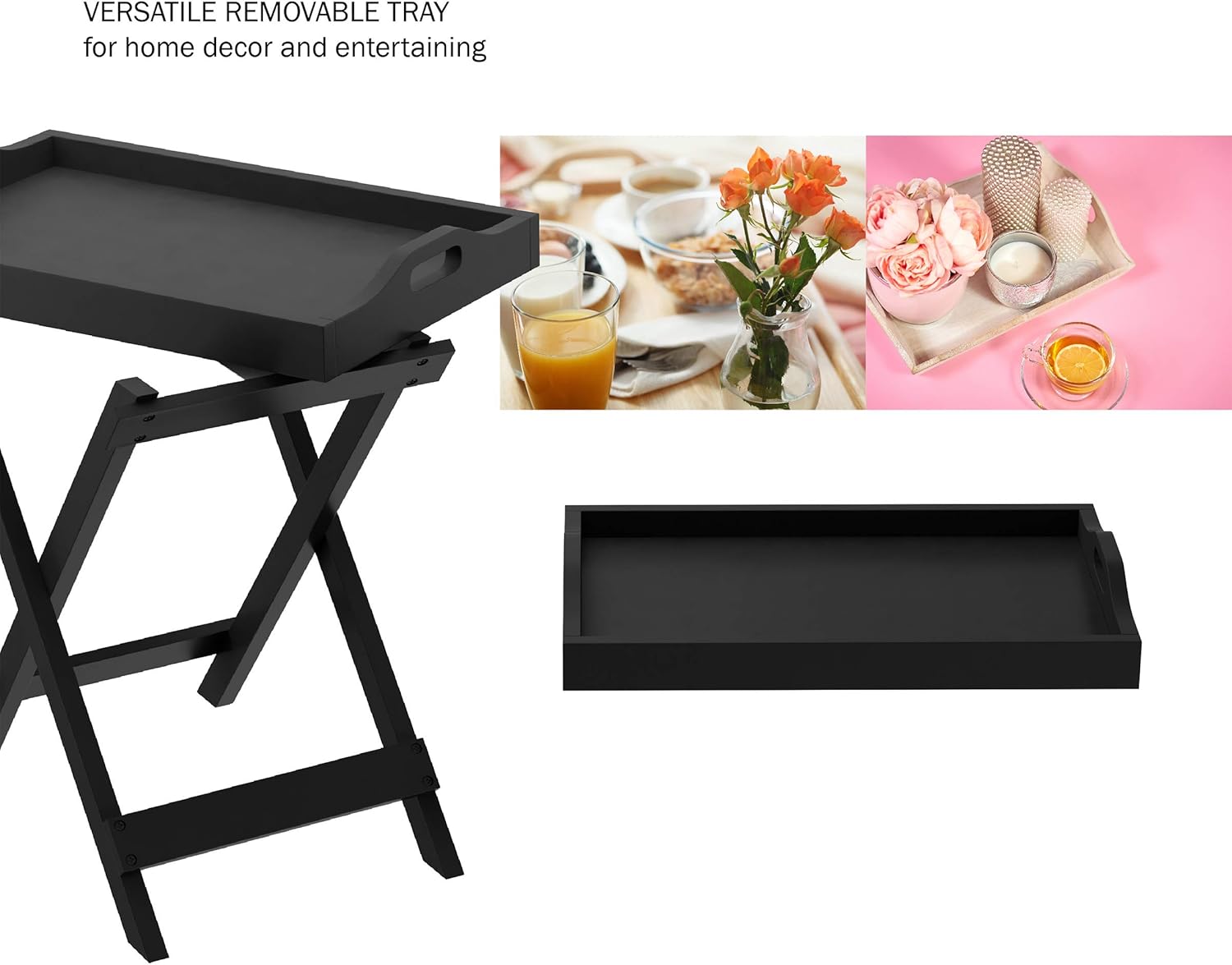 Black Folding End Table with Removable Tray Top