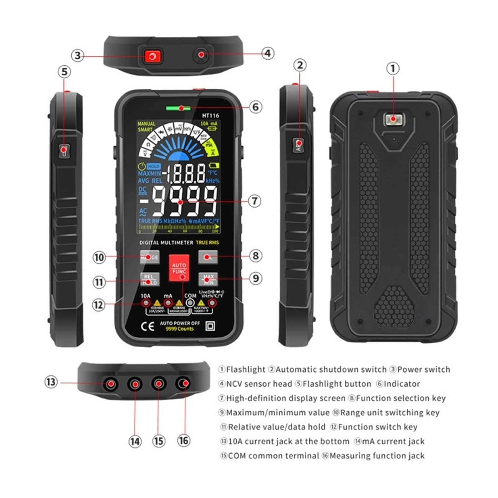 Multimètre numérique Intelligent Rechargeable Multimètre numérique 9999 Compte Le testeur Automatique de voltmètre Mesure avec précision la résistance au Courant de Tension