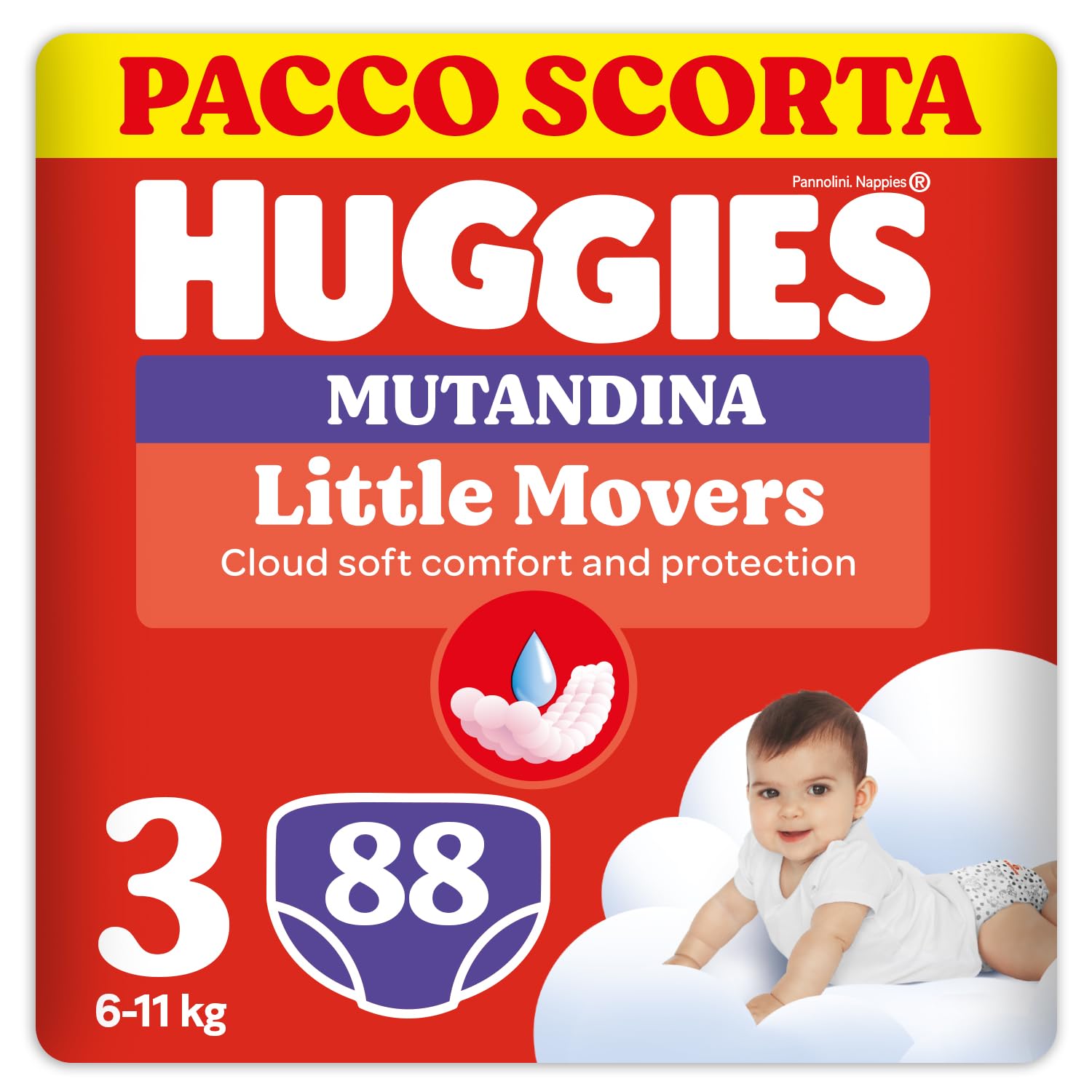 Huggies Little Movers Pannolini Mutandina Taglia 3 (6-11 Kg), Ultra assorbente, Protezione completa, 88 Pz