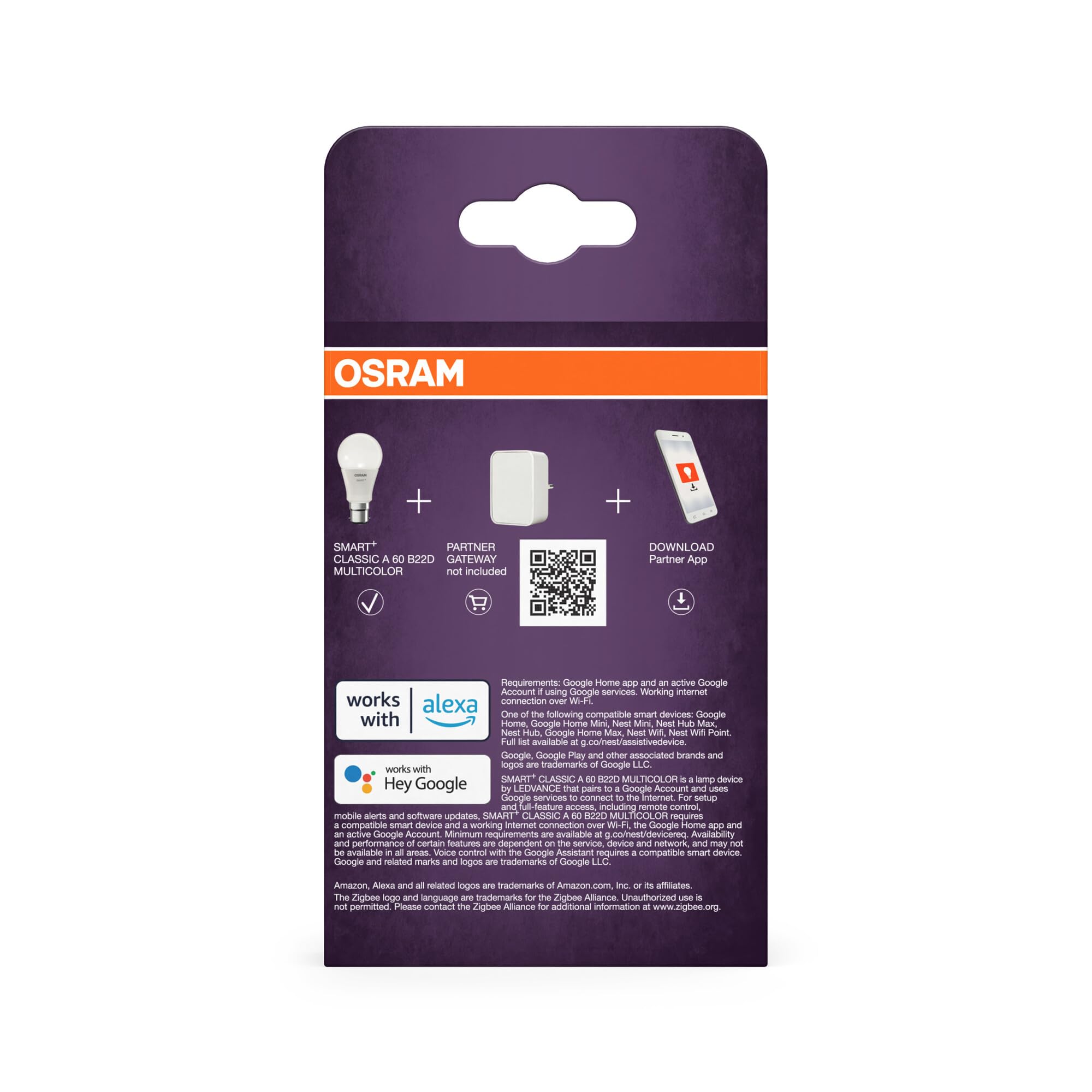 Osram SMART LED A60 Kolbenform B22D 9W ZigBee RGBW Farben | SMART+ ZIGBEE Multicolor Classic, LED Lamps, Weiß, 60 mm dia, 20000 h, 4-Pack
