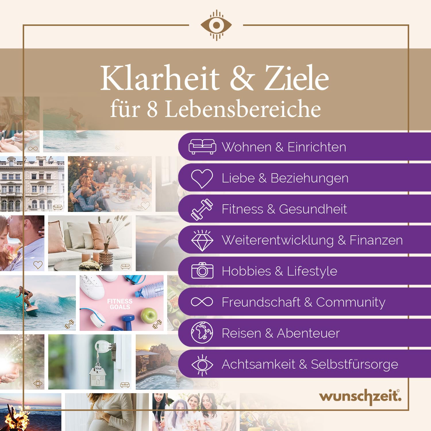 wunschzeit® Premium Vision Board Set | All-in-One Kit mit 162 Karten, 32-Seiten Workbook & XL-Poster | Klarheit, Träume manifestieren & Ziele erreichen | Inspirierendes Geschenk für Frauen