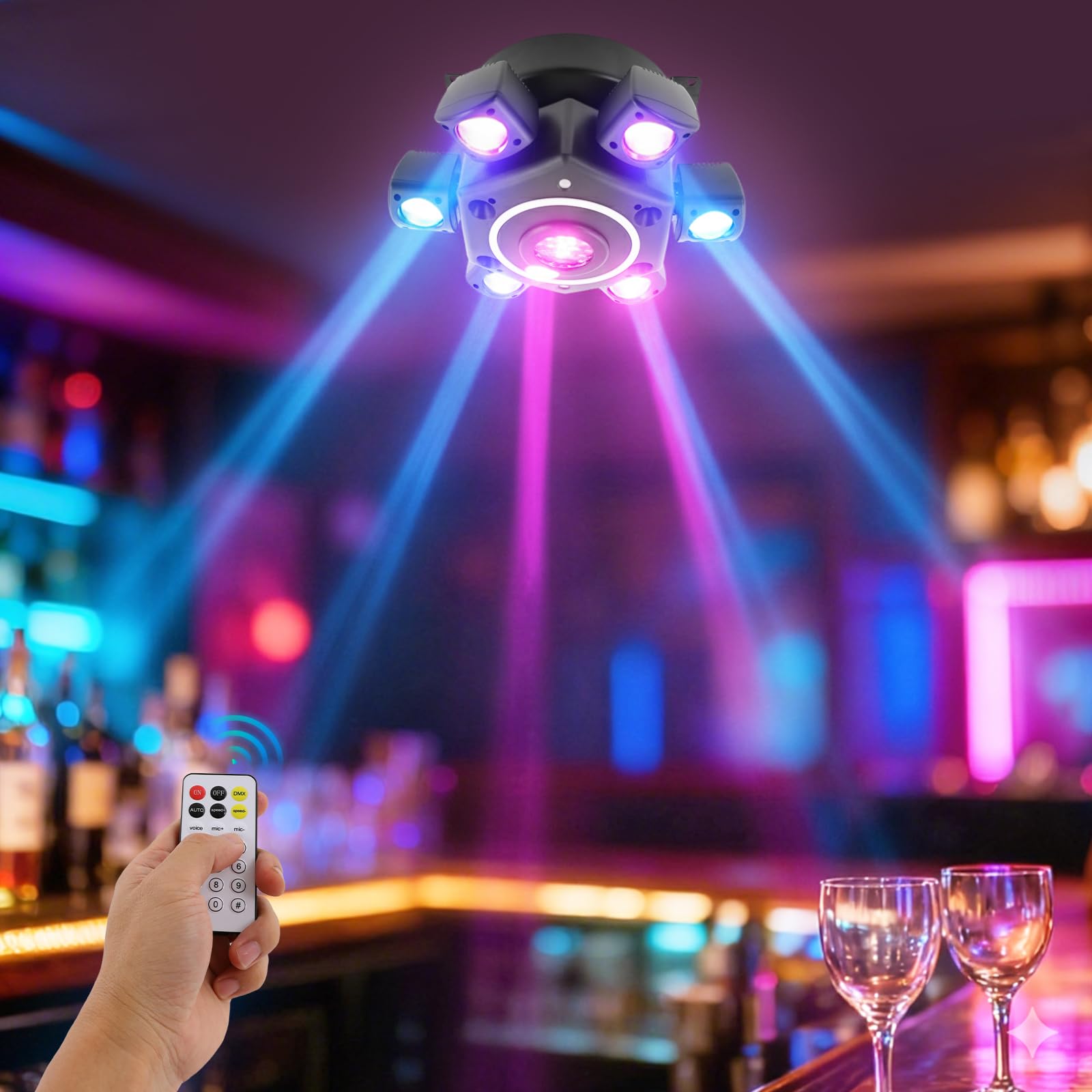 Luce da discoteca a 6 bracci, in ABS per DJ con telecomando, per DJ, nastri, bar, pub, club, 32 x 32 x 18 cm