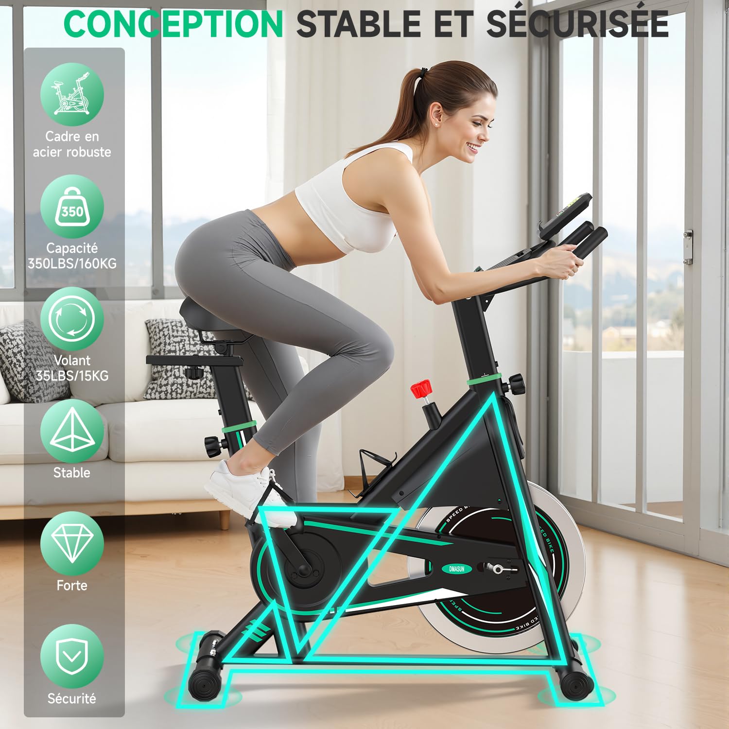 DMASUN Velo d appartement, Vélo d'appartement Silencieux, 0-100% Résistance Réglable, Vélo d'intérieur pour Entraînement Cardio avec Écran LCD, Support pour Tablette, Siège Confortable, Capacité 160kg
