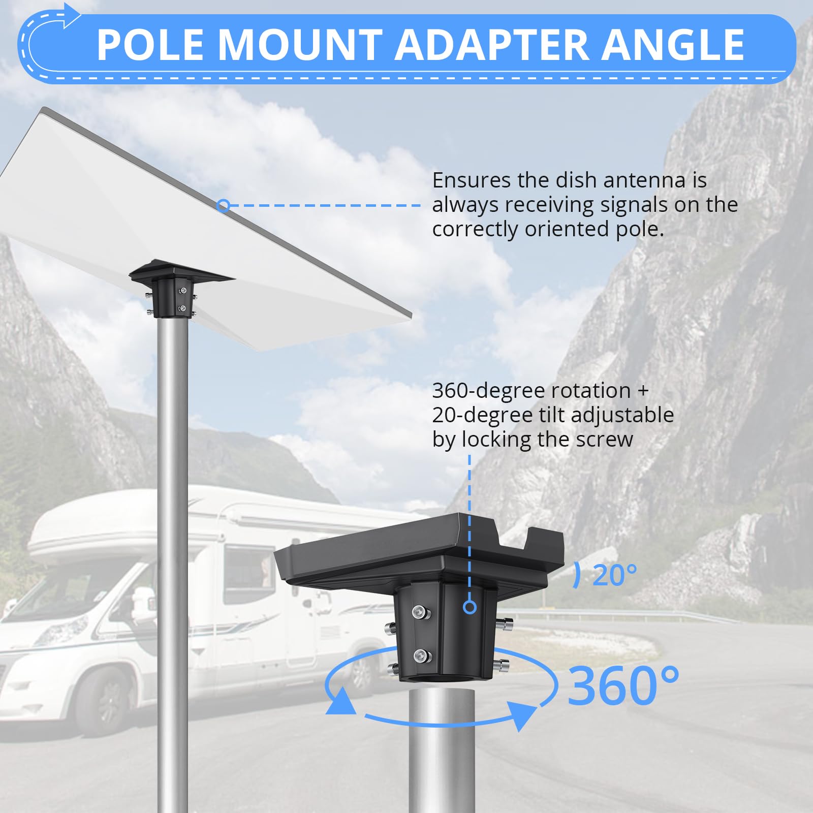 CAMWAY Adapter do rur Starlink Gen 3 ze stopu aluminium, regulowany zestaw do montażu narożnego, kompatybilny z Starlink Gen 3/Standard/V3, do drążków o średnicy 20–38 mm