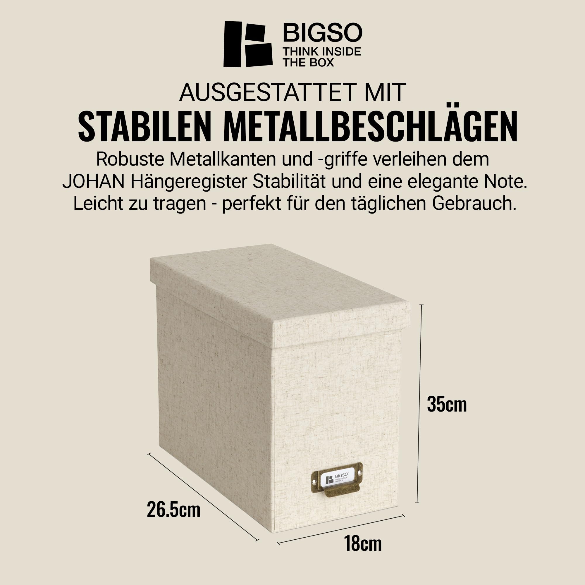 BIGSO JOHAN Hängeregisterbox A4 – Hängemappenbox mit Deckel und Griff – Schreibtischablage für Hängemappen & Dokumente – Aufbewahrungsbox aus recycelter Faserplatte und Papier – Leinen