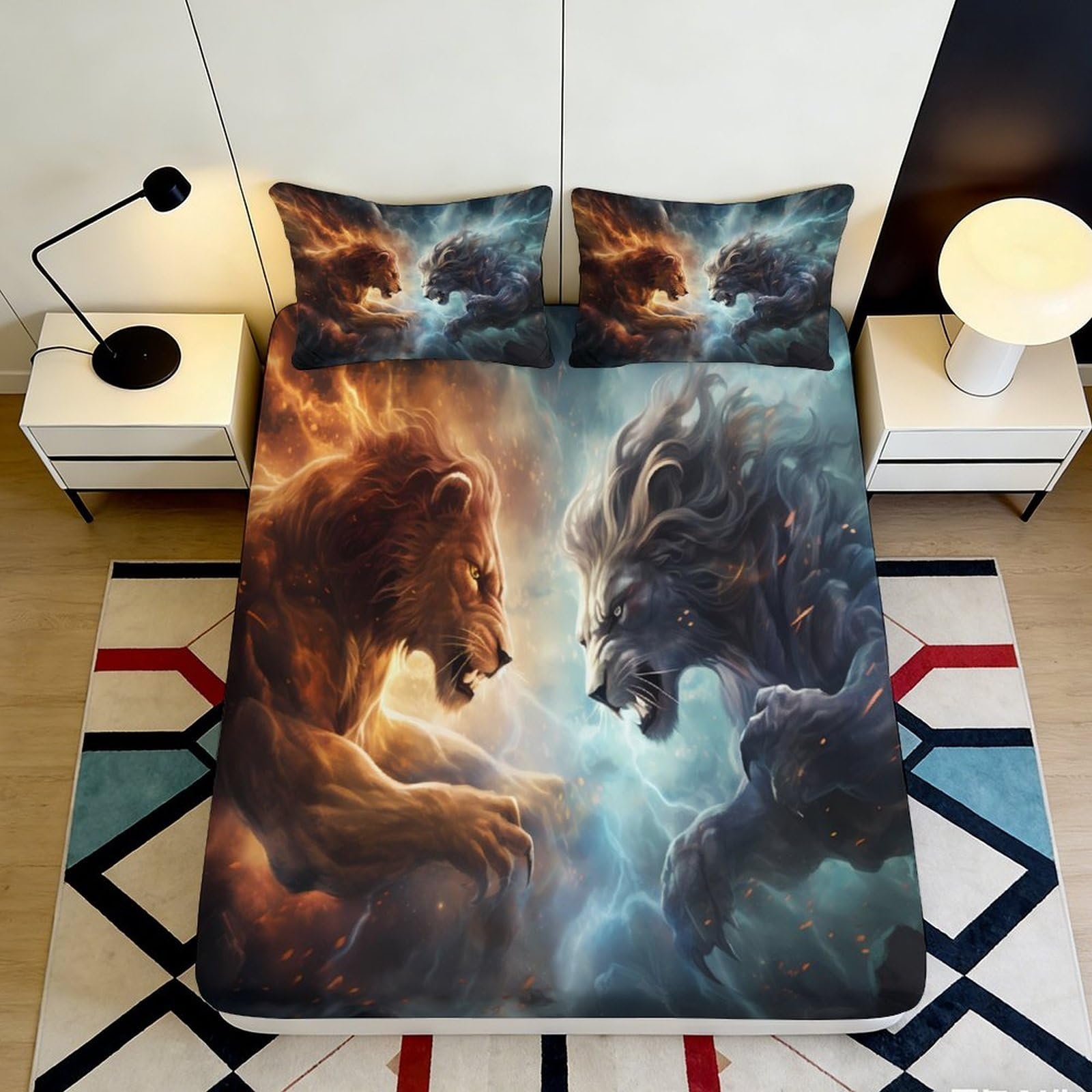 Jqzkxnhpbr Style-5 3D Printed Fire Lion Fitted Sheet Microfiber Soft Breathable Ice Wolf Mattress Cover For Bedroom Dorm Decor 90X200x25cm