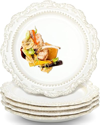 Yoande 4 platos llanos planos de cerámica, platos llanos redondos grandes, platos vintage en relieve, platos vintage de estilo francés, platos para