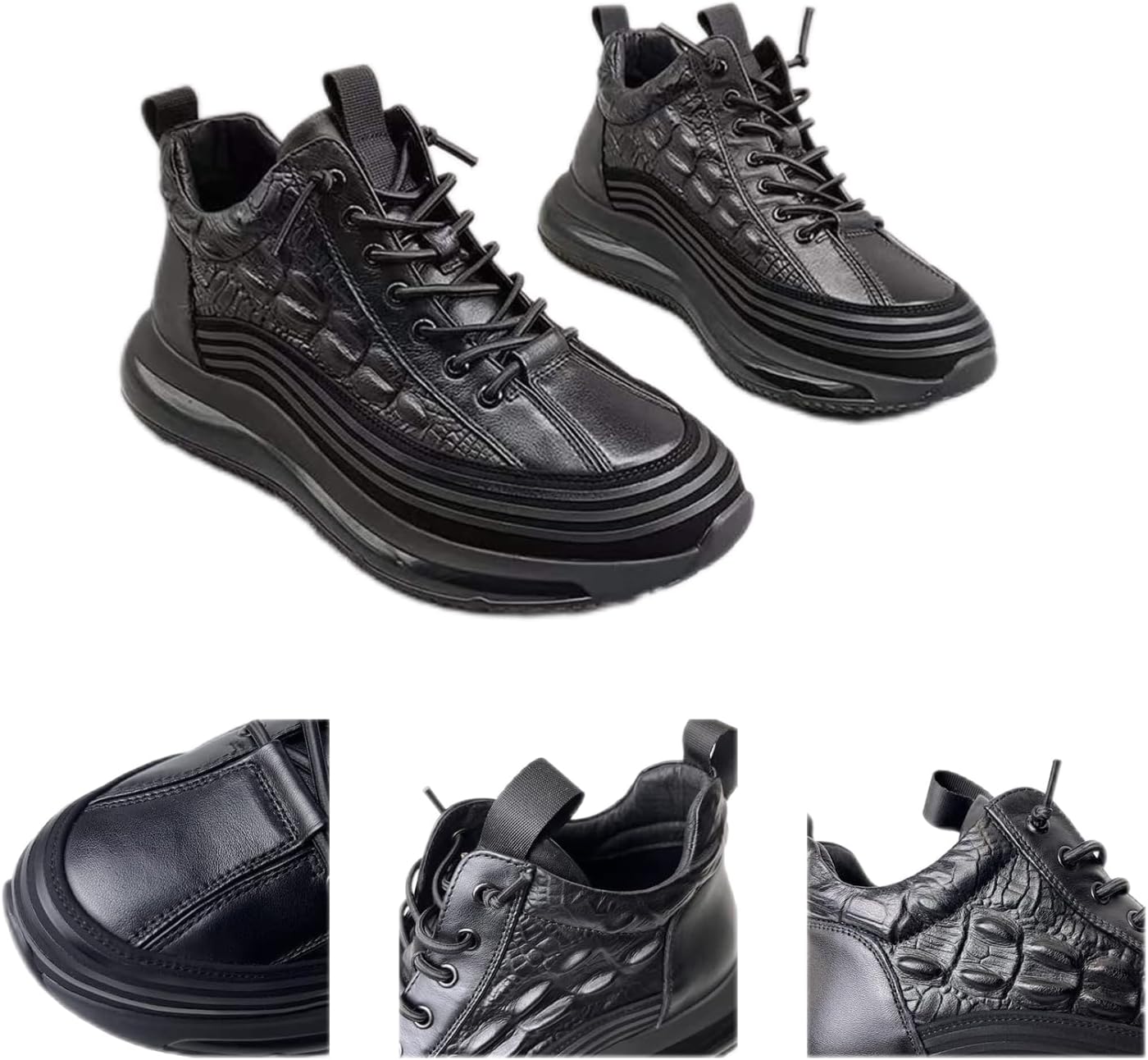 Men’s Fashion Leather Sneakers – Slip-On Cowhide Crocodile Print Casual Shoes with Non-Slip Air Cushion Sole, Comfortable Height Increasing Walking Shoes