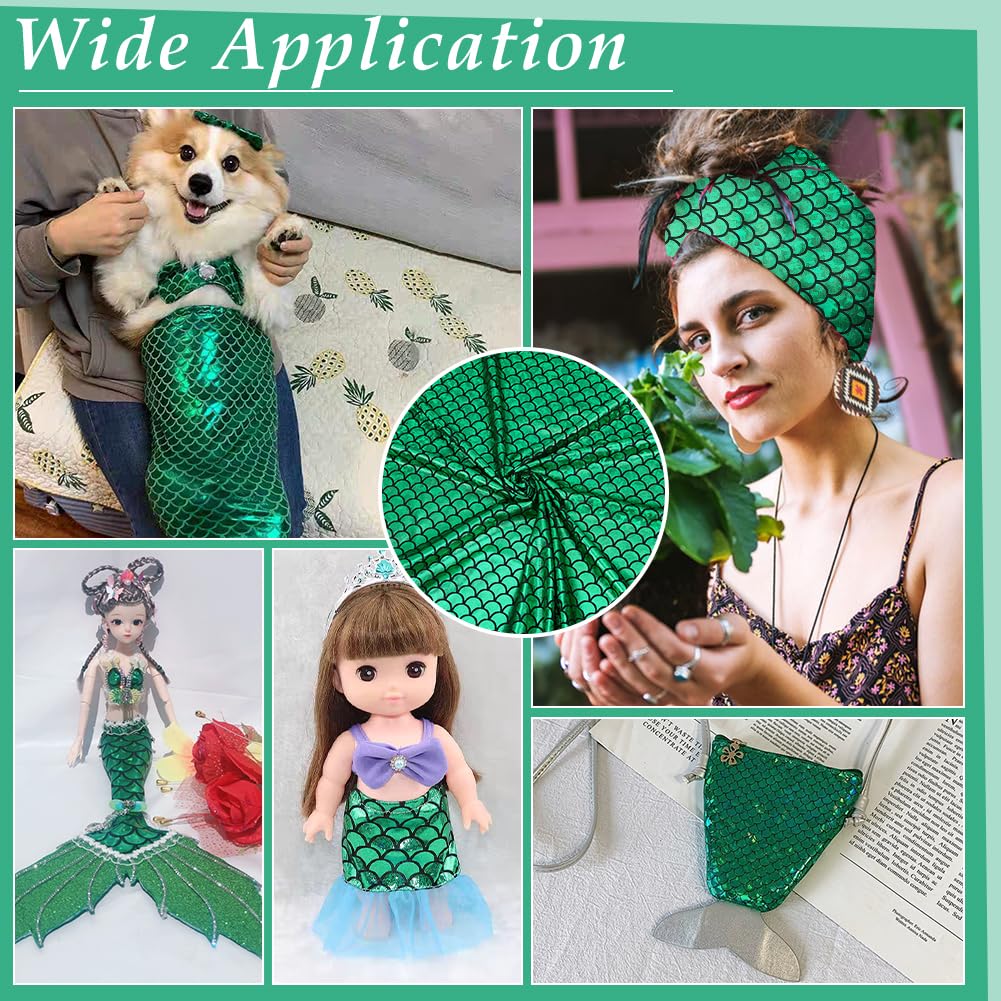 FINGERINSPIRE Mermaid Dragon Scales Fabric 40x60 inches 2 Way Stretch Spandex Hologram Fish Scale Fabric with Green Stripe for Dress Costume Decor DIY Crafts