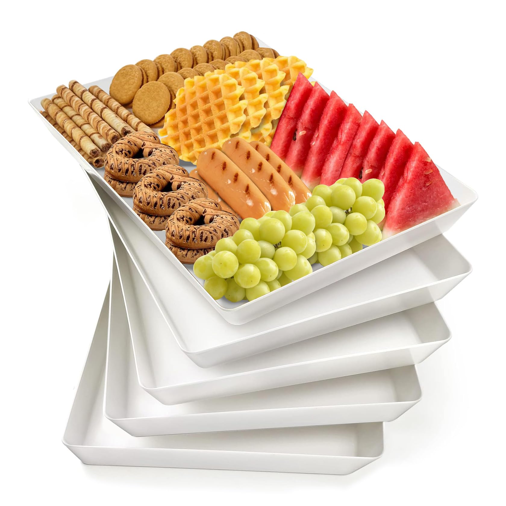 LIMOEASY5-Pack Serving Tray, White Serving Platters and Trays for Party, Reusable Plastic Trays for Serving Food for Entertaining, Stackable Kitchen Tray for Veggie, Fruit, Cookies, Desserts, Snack