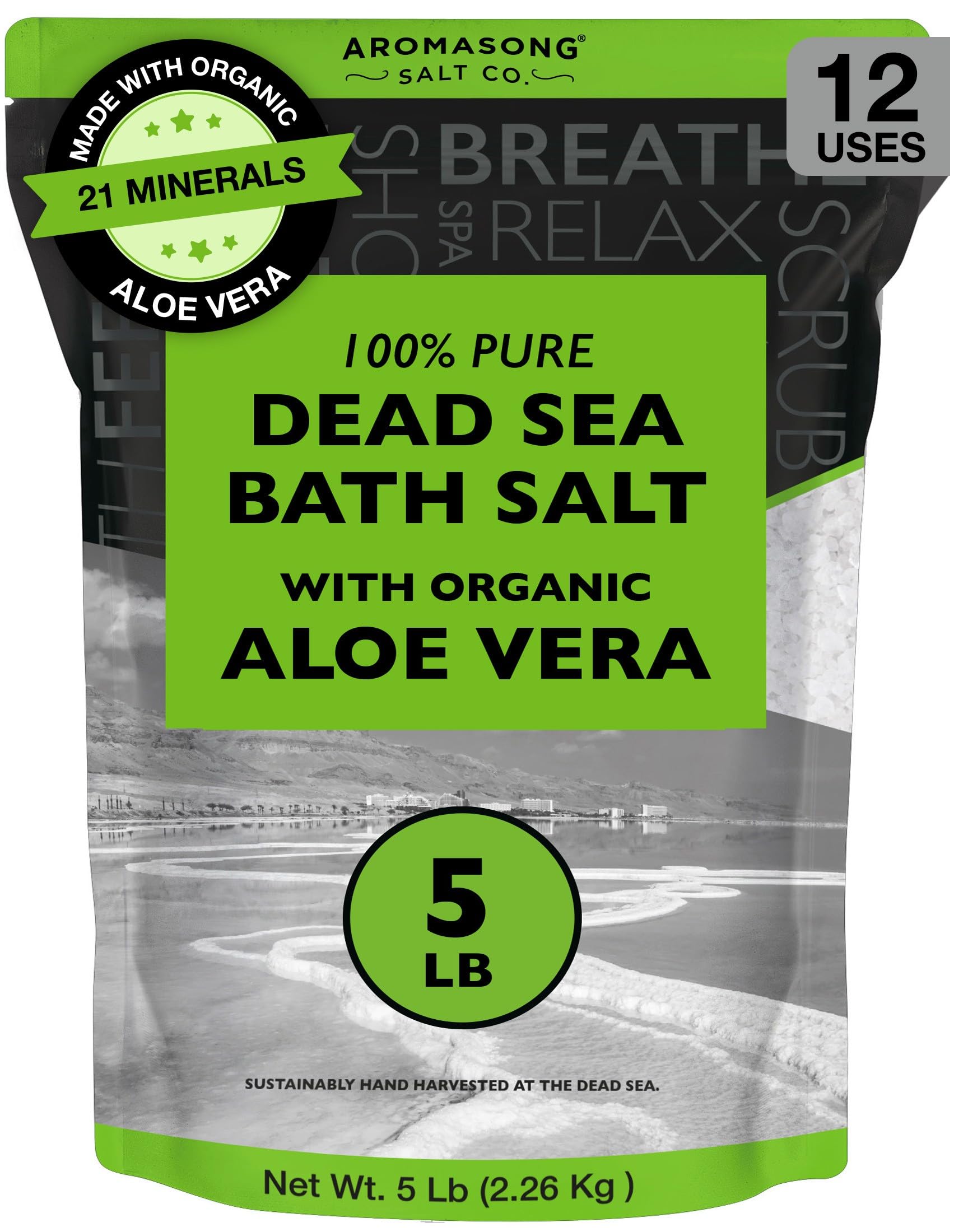 Aromasong Dead Sea Salt with Organic Aloe Vera, Spa Bath Salts, 5 Lbs Fine Bulk resealable Pack, 100% Pure & Natural, Soak for Women & Men for Tired