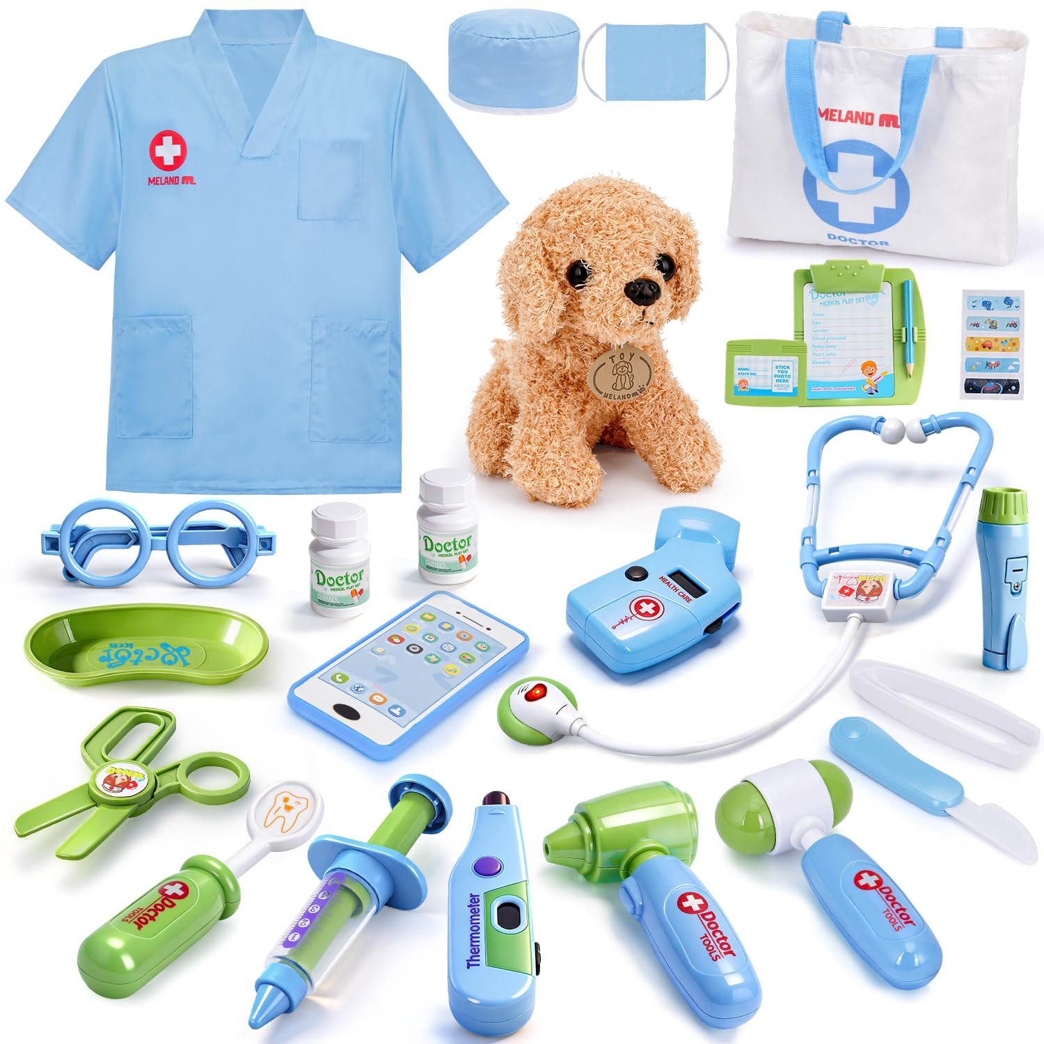 Meland Toy Doctor Kit for Kids - Pretend Play Doctor Set with Dog Toy, Carrying Bag, Stethoscope Toy & Dress Up Costume - Doctor Play Gift for Kids Toddlers Ages 3 4 5 6 Year Old for Role Play