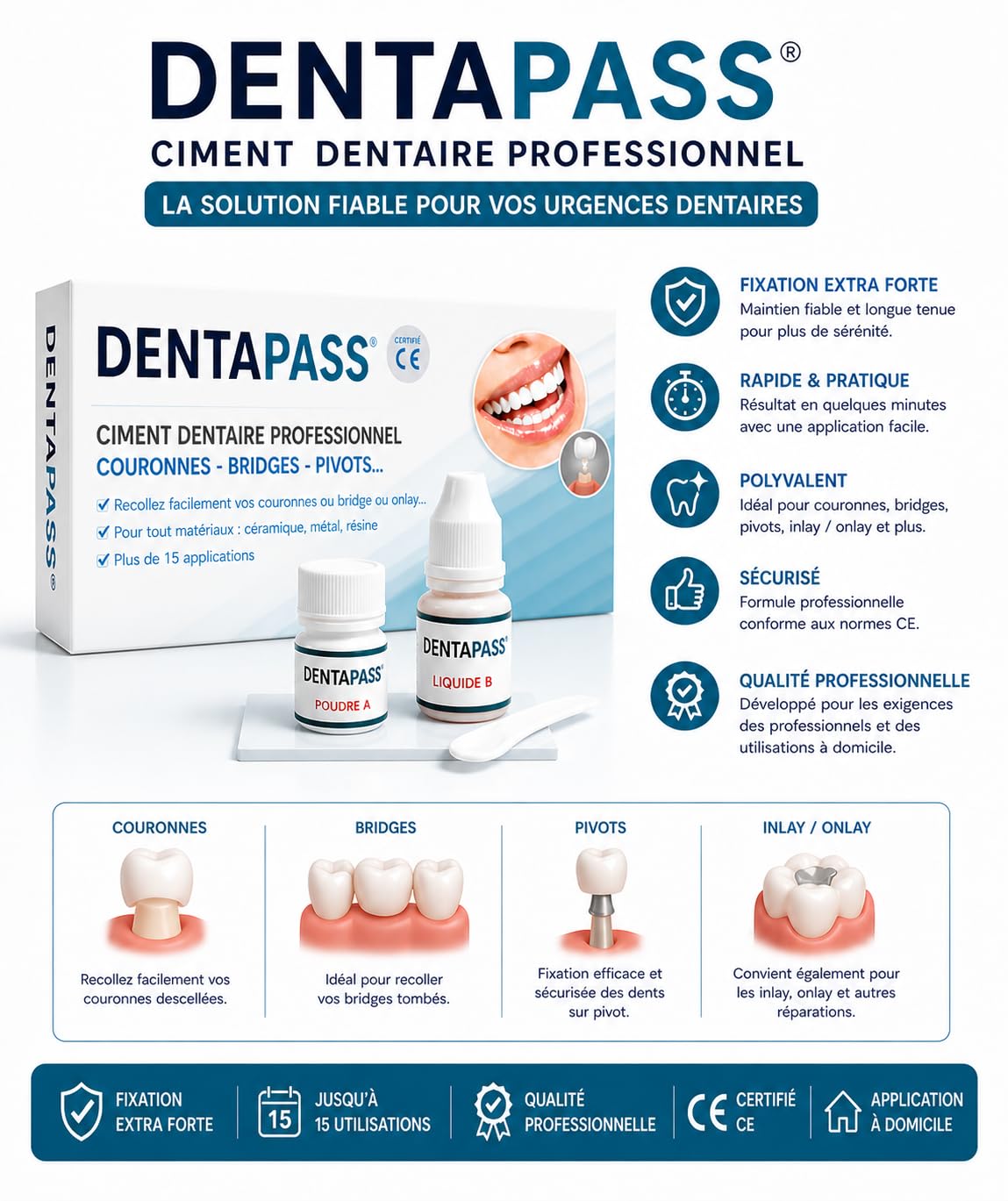 Ciment Dentaire | Colle Dentaire Pour Couronne, Bridge, Dent sur Pivot | Qualité Professionnelle | 15 Utilisations | Application Facile | Certifié CE | Entreprise FR