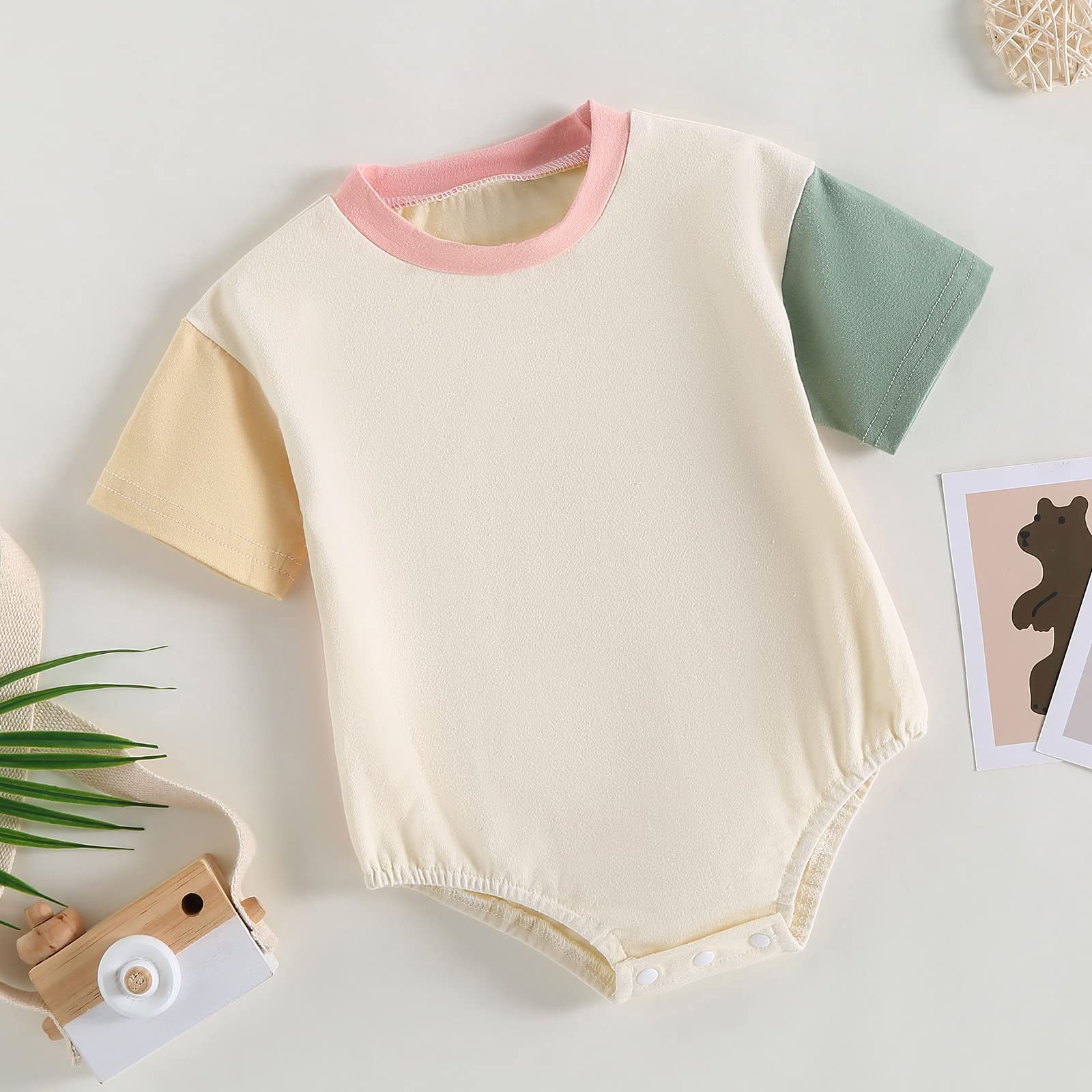 WALLARENEAR Bubble Romper Newborn Baby Boy Girl Solid Color/Color Block Bodysuit Short Sleeve Sweatshirt Romper Summer Clothes (Color Block Pink Collar, 0-3 Months)