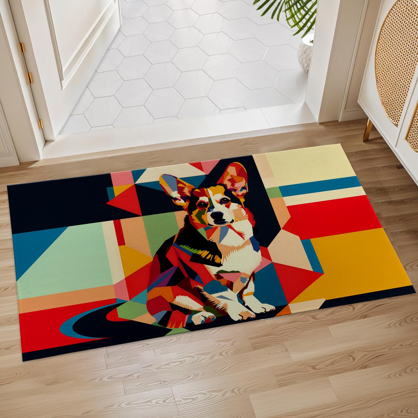 Plistiz Colorful Geometric Corgi Indoor Door Mat, 17x29.5 Inch, Floor Area Rug for Entryway, Living Room, or Bathroom, Non-Slip Doormat, Dog Design