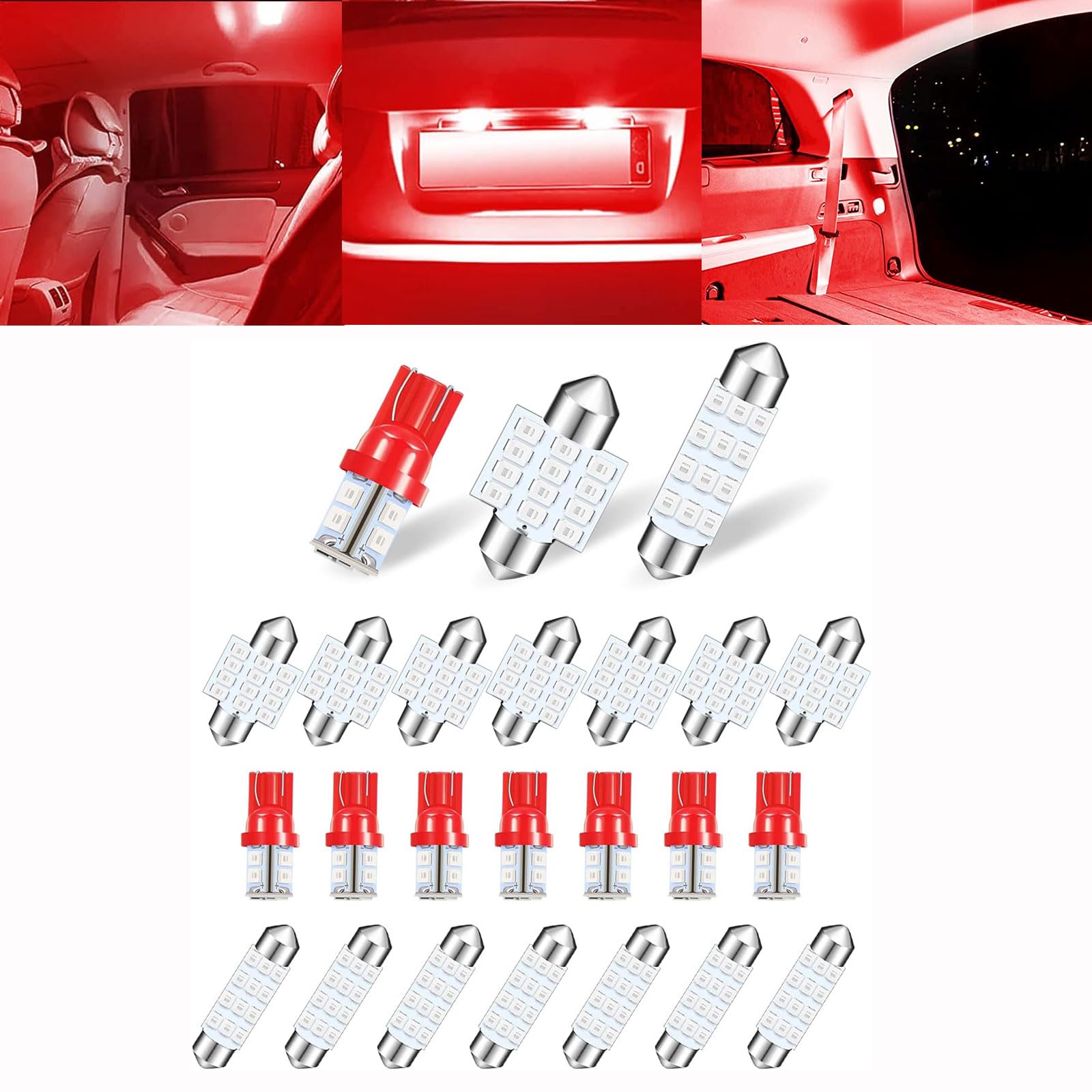 24 PCS Car LED Bulb Kit, T10 31mm 42mm Fiberglass Plate Wide-angle Colorful Light Decorative Light, Replacement Accessories, Used for Indoor Map Ceiling Light, License Plate Light (Red)