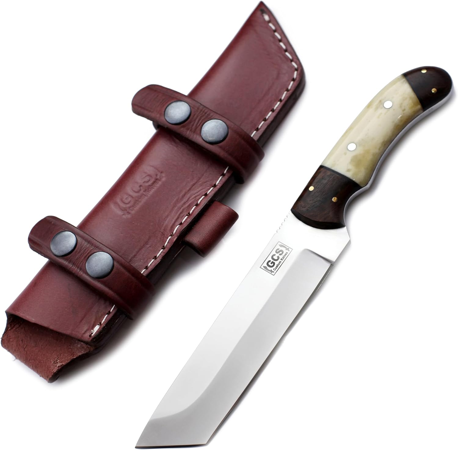 GCS Handmade Camel Bone Full Tang Handle D2 Tool Steel Blade for Hunting, Camping and EDC Knife with Leather Sheath - GCS 1